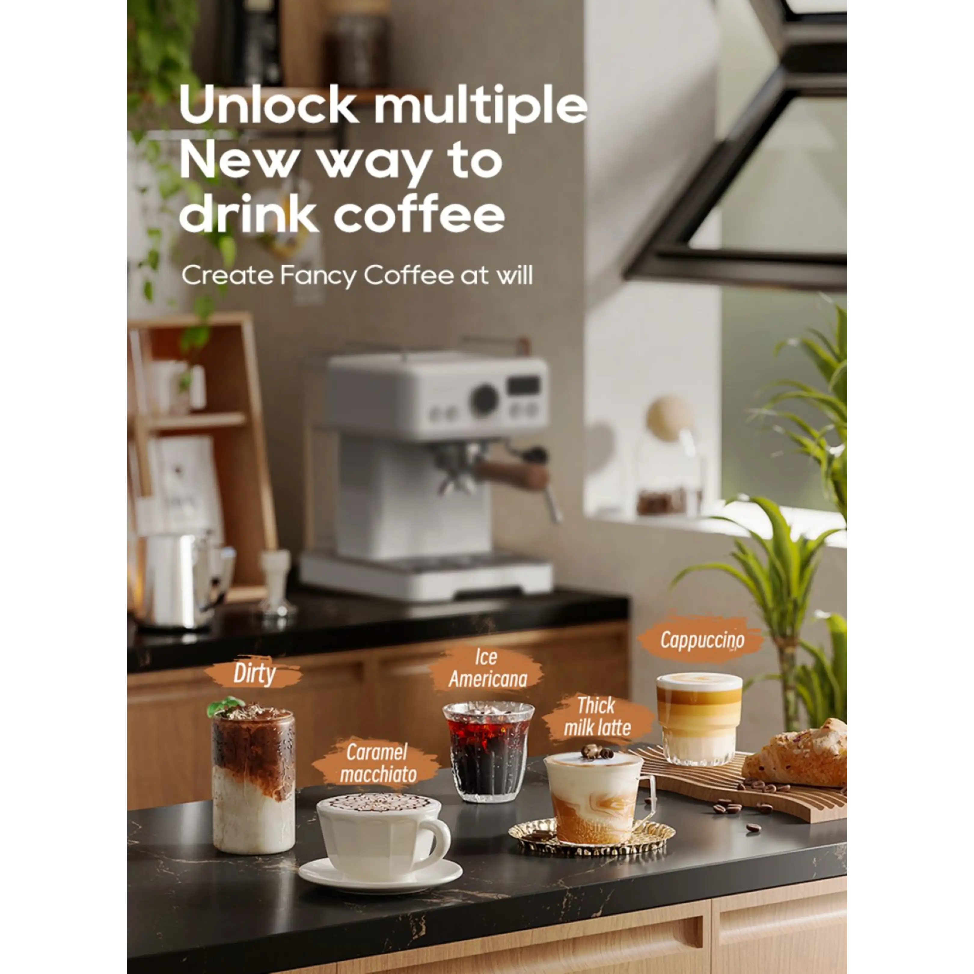 Diverse bevande al caffè su un bancone da cucina con una macchina per caffè espresso sullo sfondo.