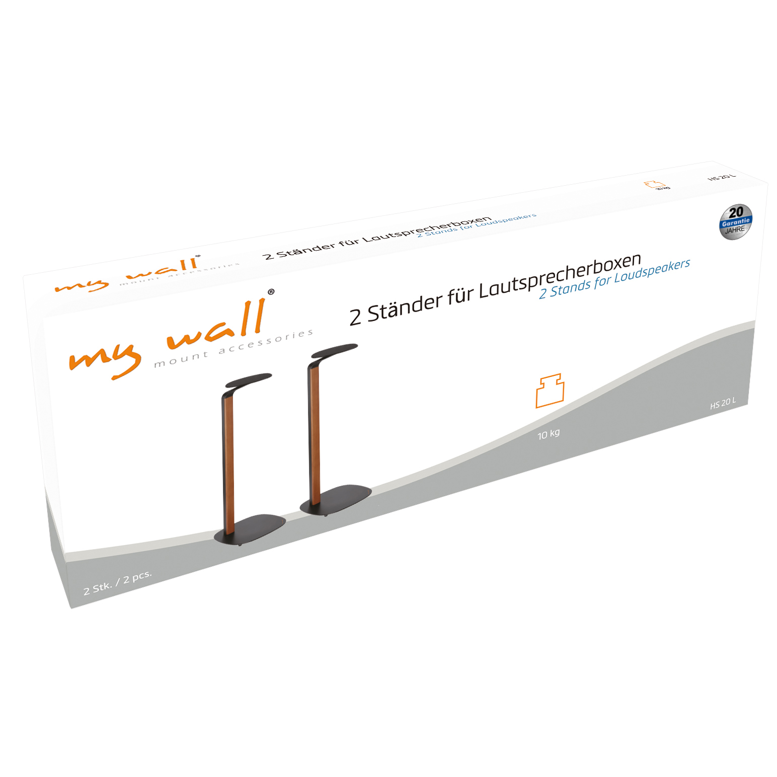 Weisse Produktbox fuer My Wall Lautsprecherststaender mit Abbildung von zwei Ststaendern.