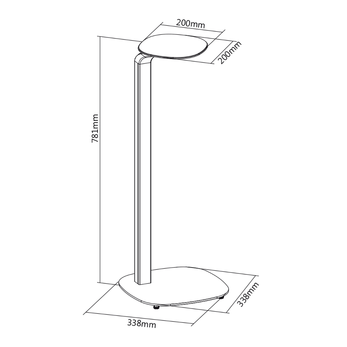 Technische Zeichnung eines stehenden Ständers mit Maßen von 200x200 mm oben, 338x338 mm unten und 781 mm Höhe.