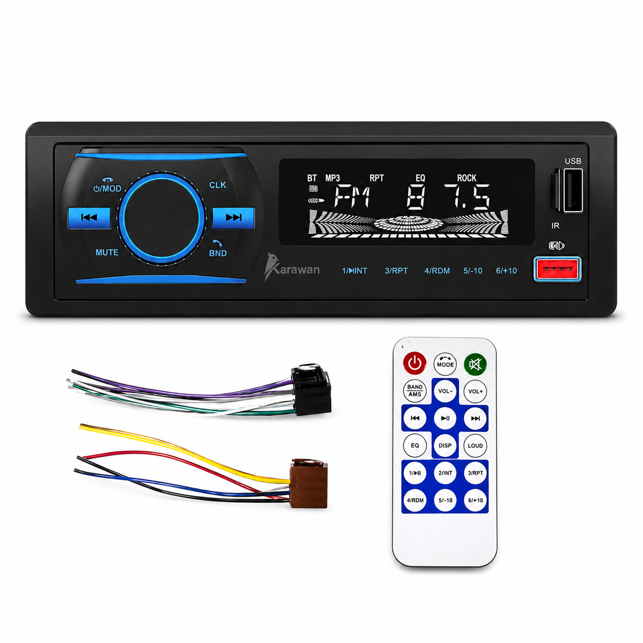 Una radio de coche negra con dial azul brillante, pantalla, dos mazos de cables y un control remoto blanco.