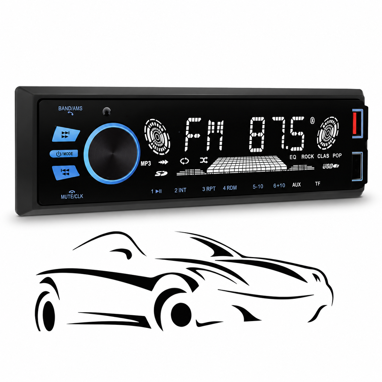 Estéreo de coche negro con pantalla y botones retroiluminados en azul, con una silueta de auto abajo.