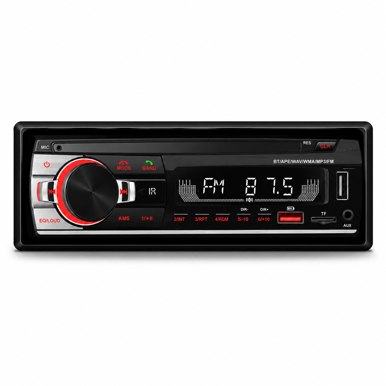 Estéreo de auto negro con pantalla digital, perilla de volumen y puertos USB, TF y AUX.