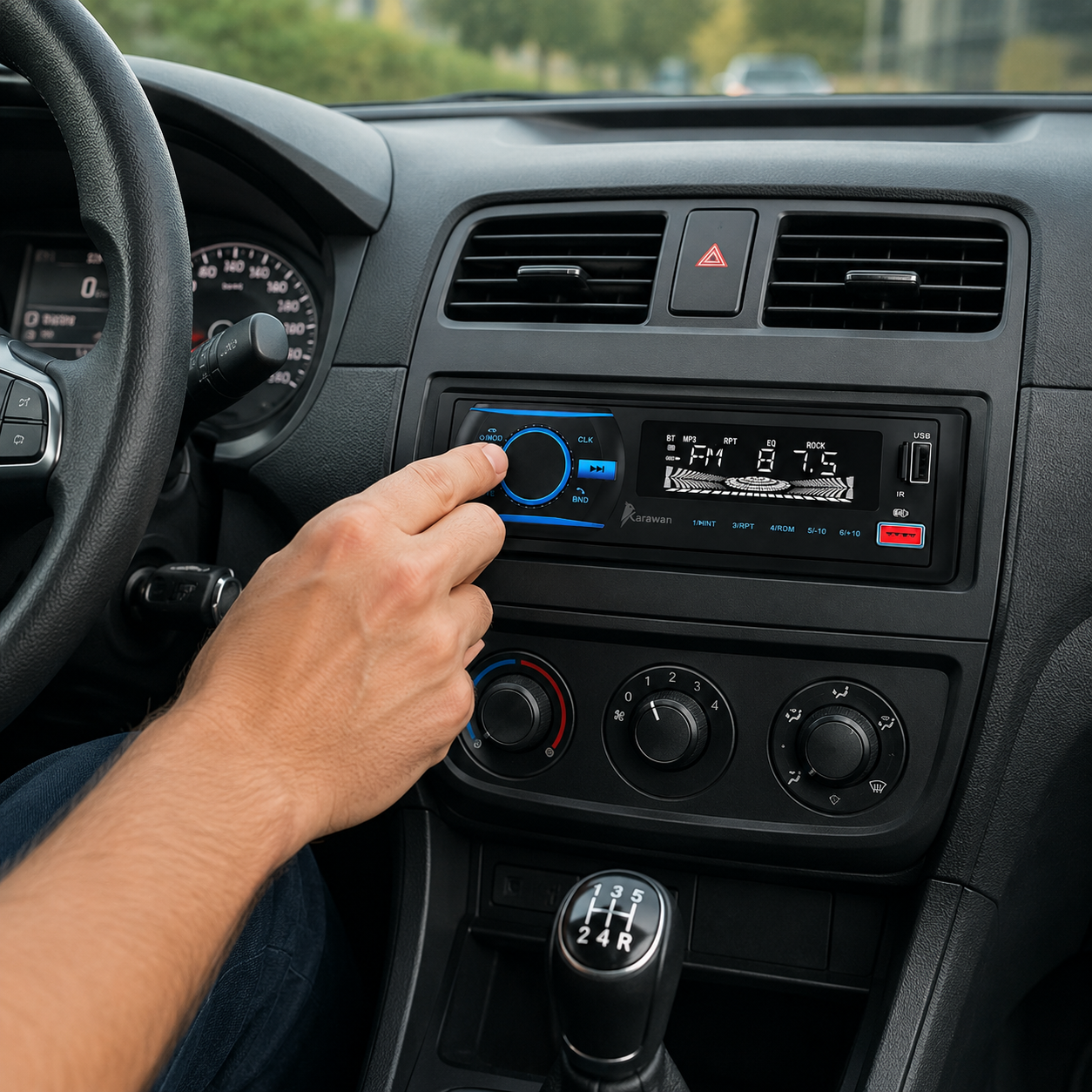 Una mano opera la radio digital del coche en el salpicadero.