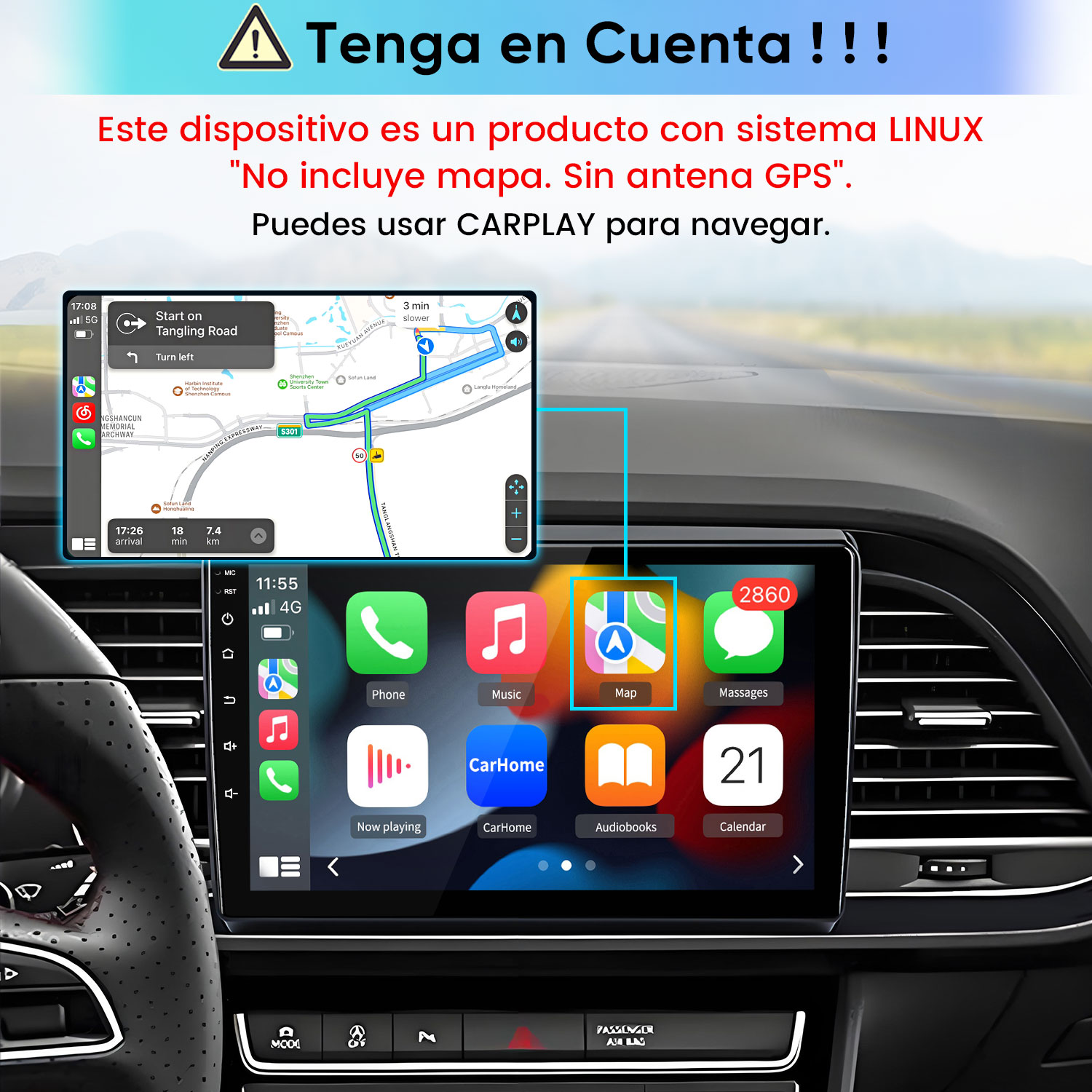 Un salpicadero de coche con pantalla digital y Apple CarPlay con mapa.