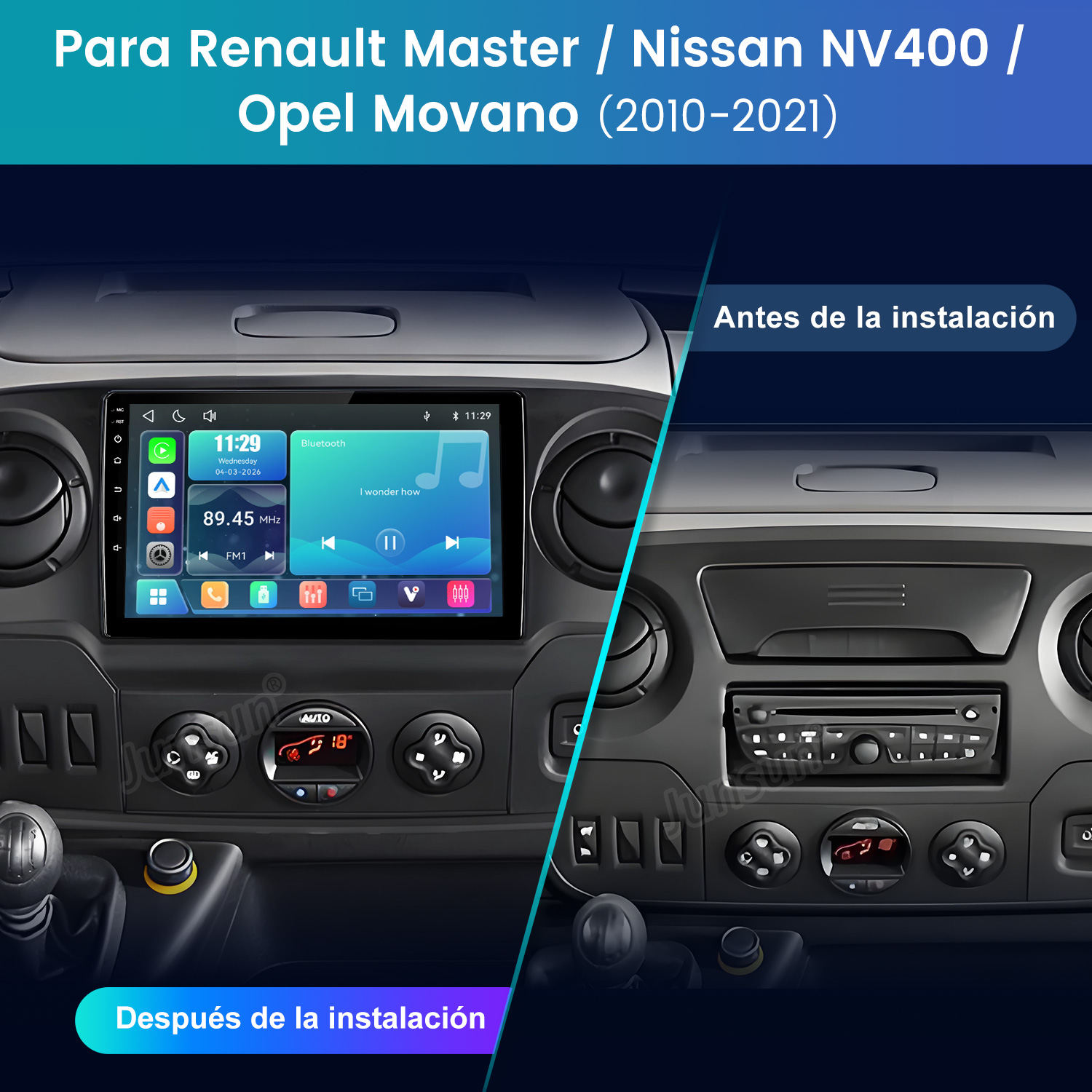 Comparación de un salpicadero antes y después de instalar un nuevo sistema de infoentretenimiento.