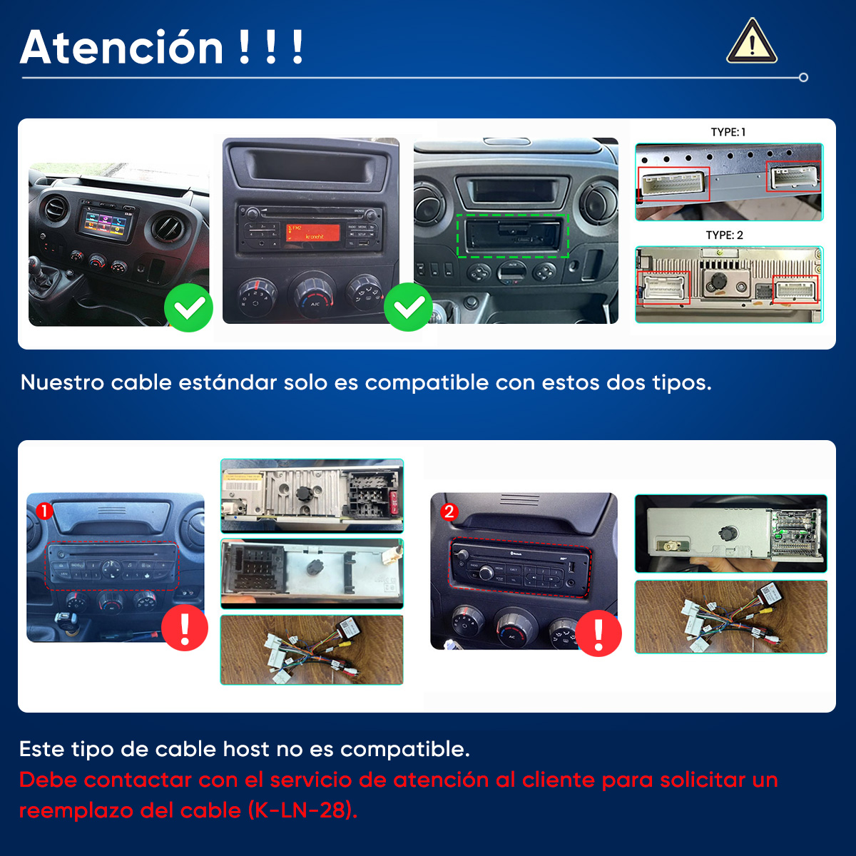 Guía de compatibilidad de cables de radio con marcas rojas y verdes.