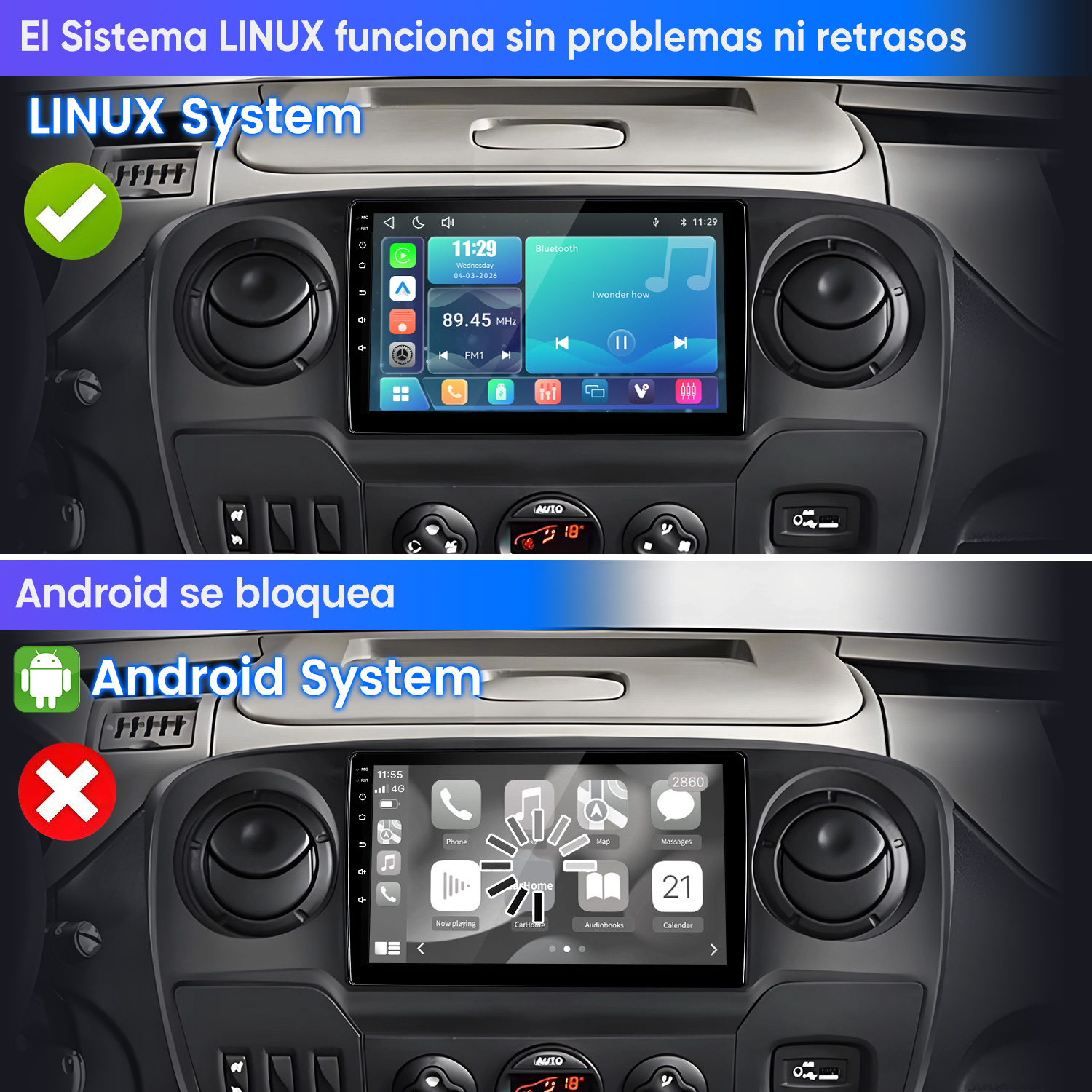 Comparación de dos pantallas de coche: sistema Linux funciona fluido, sistema Android muestra carga.