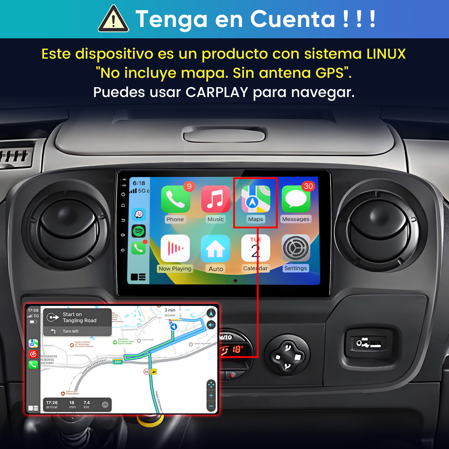 Radio de coche Linux con CarPlay, sin GPS ni mapas, mostrando el menú de CarPlay y una navegación.