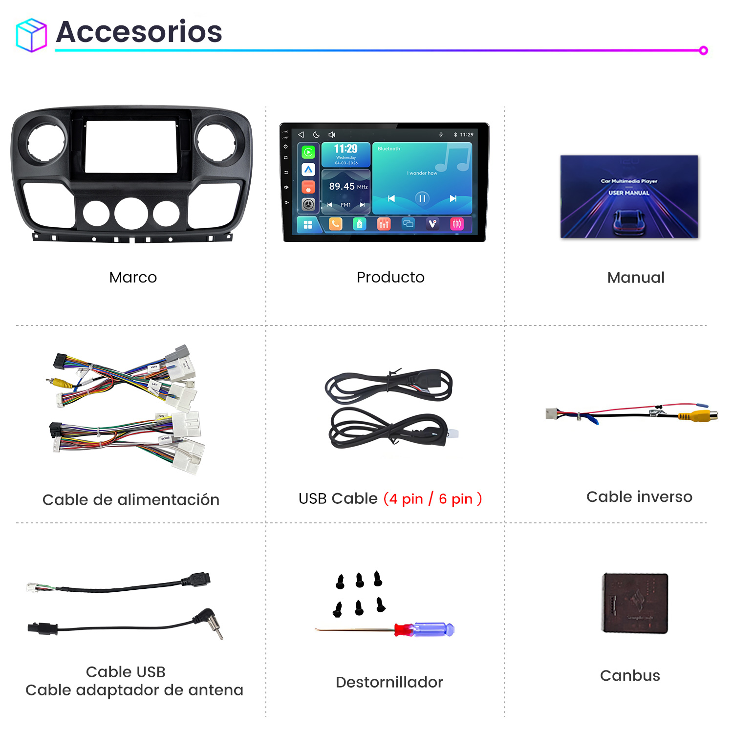 Cuadrícula de accesorios para coche que incluye marco de salpicadero, pantalla, manual, cables y destornillador.