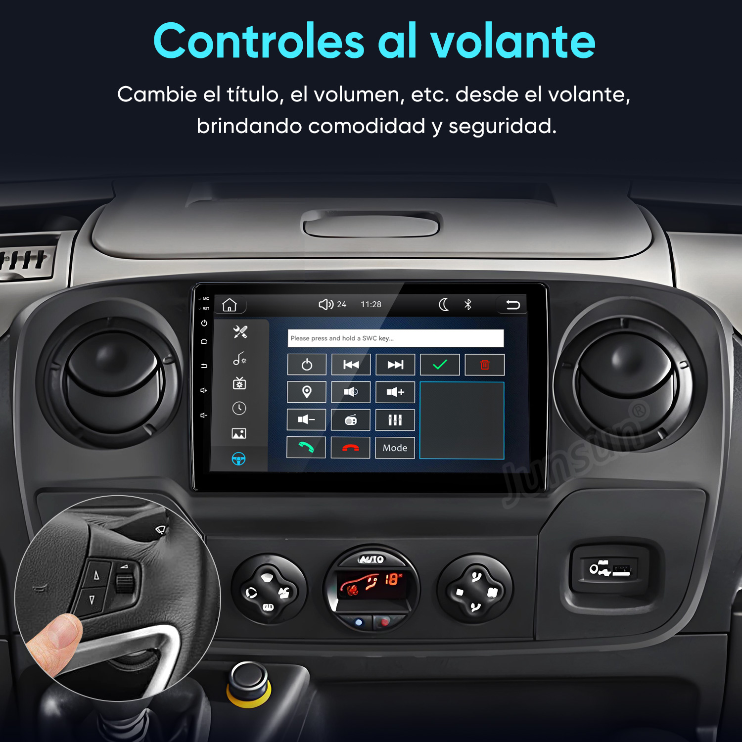 Tablero de auto con pantalla táctil, controles de clima y botones en el volante.