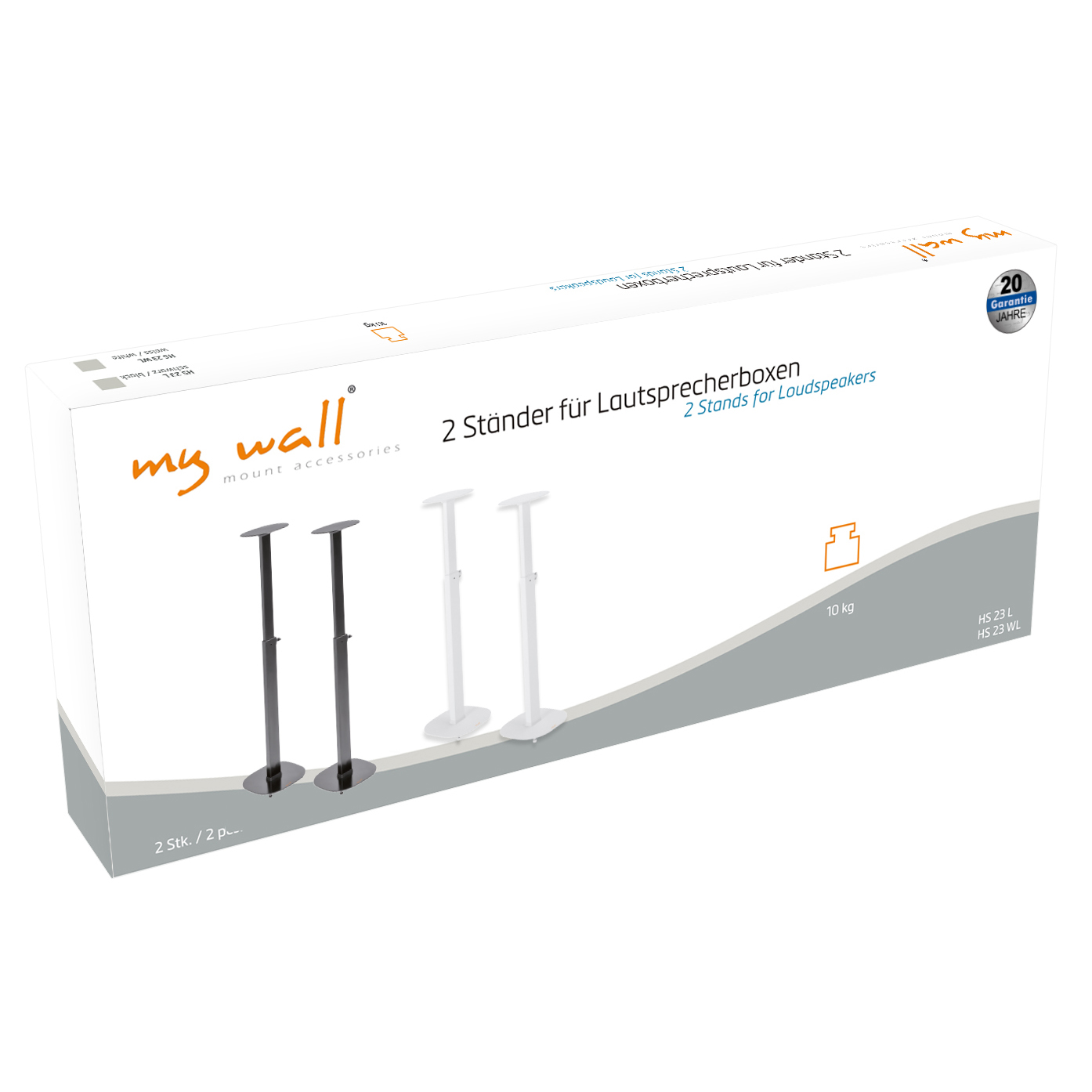 Produktverpackung für zwei My Wall Lautsprecherständer in Schwarz und Weiß mit Markenlogo und Spezifikationen.