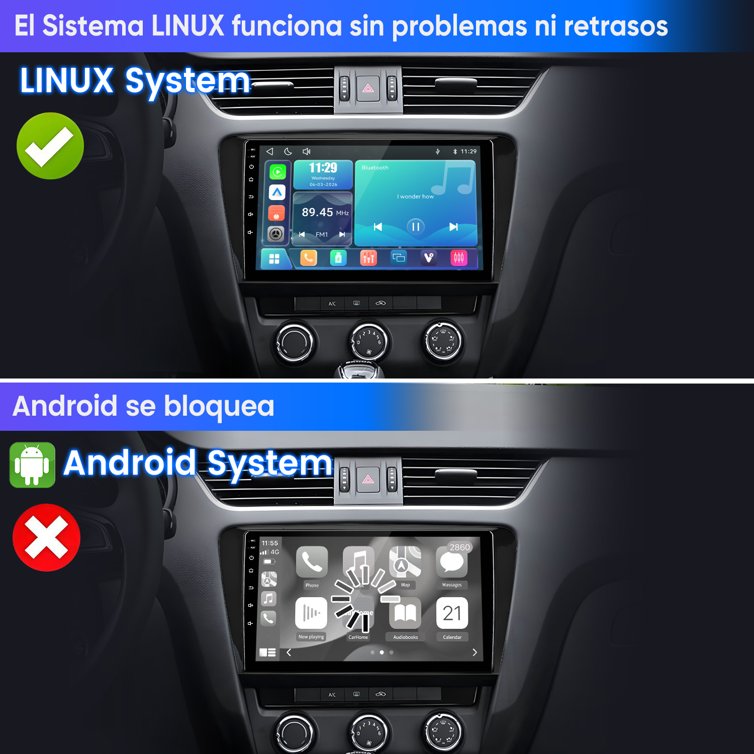 Comparación del sistema Linux para coche (fluido) y el sistema Android (bloqueado).