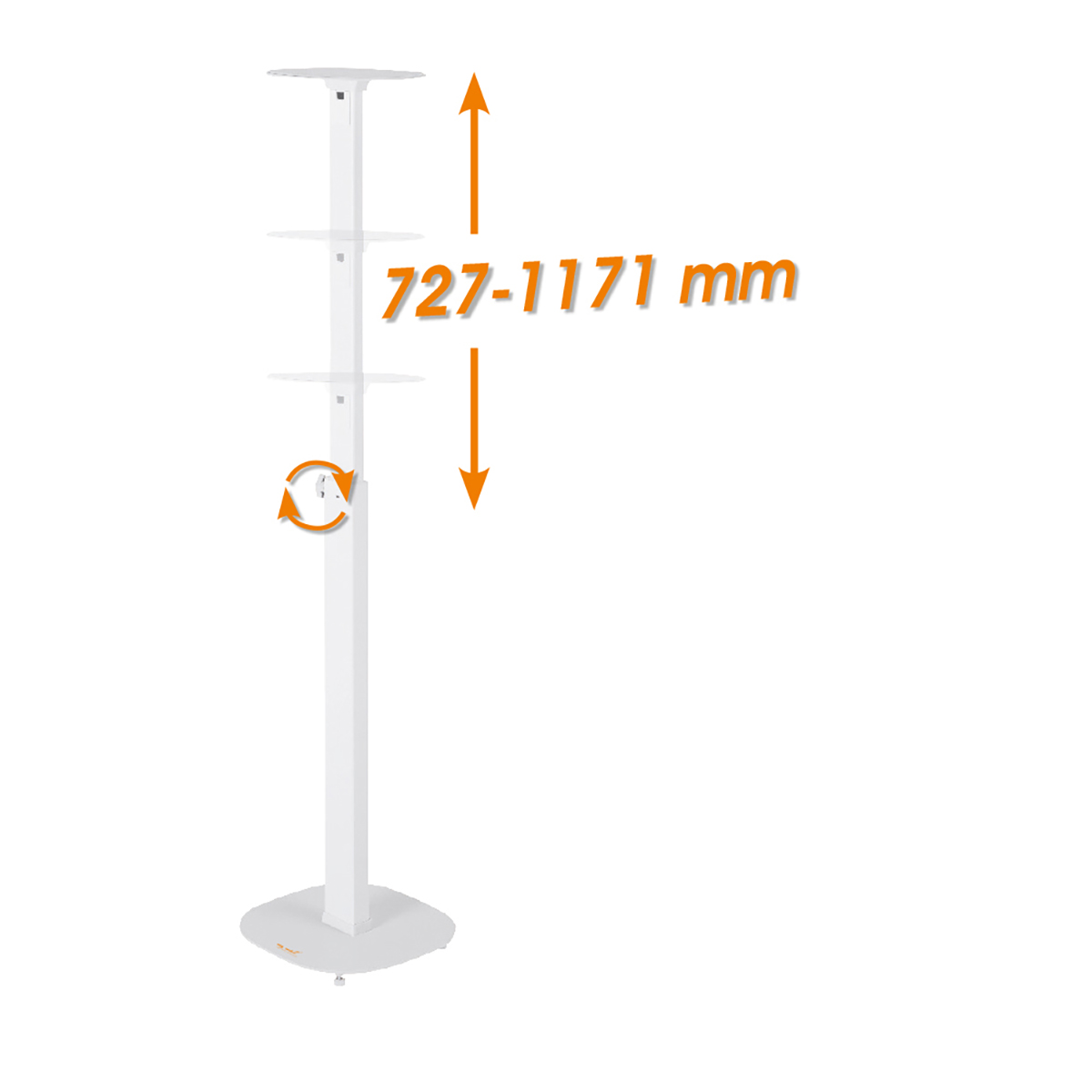 Weißer verstellbarer Ständer mit drei Ablagen und Größenangabe 727-1171 mm.