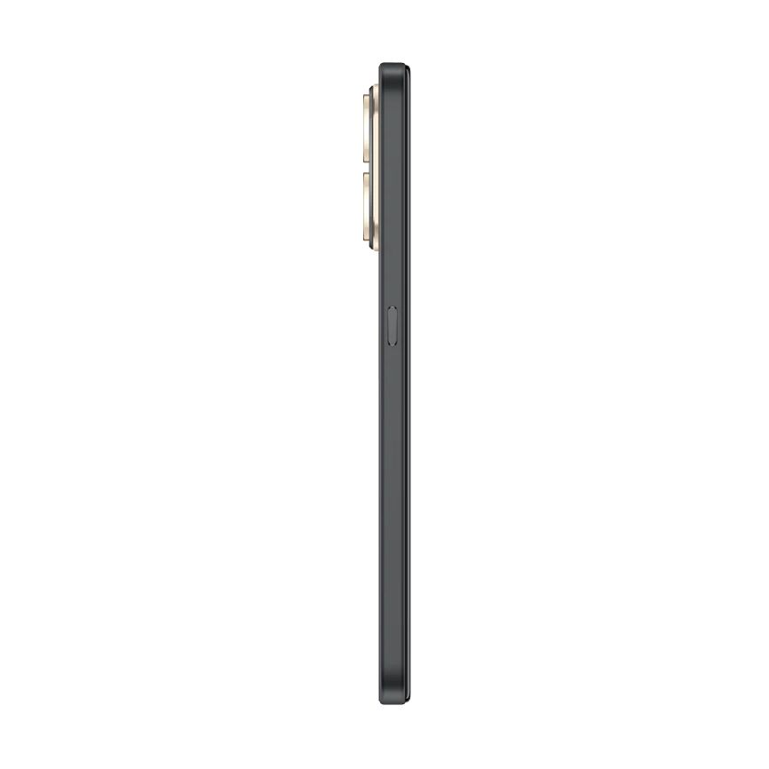 Vue latérale d'un smartphone noir avec un module photo doré sur fond blanc.