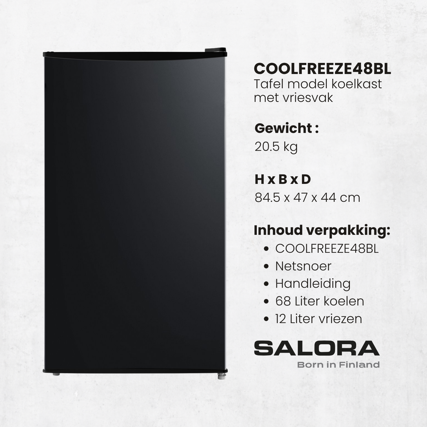 Frigorífico de mesa negro Salora con compartimento congelador y detalles técnicos.