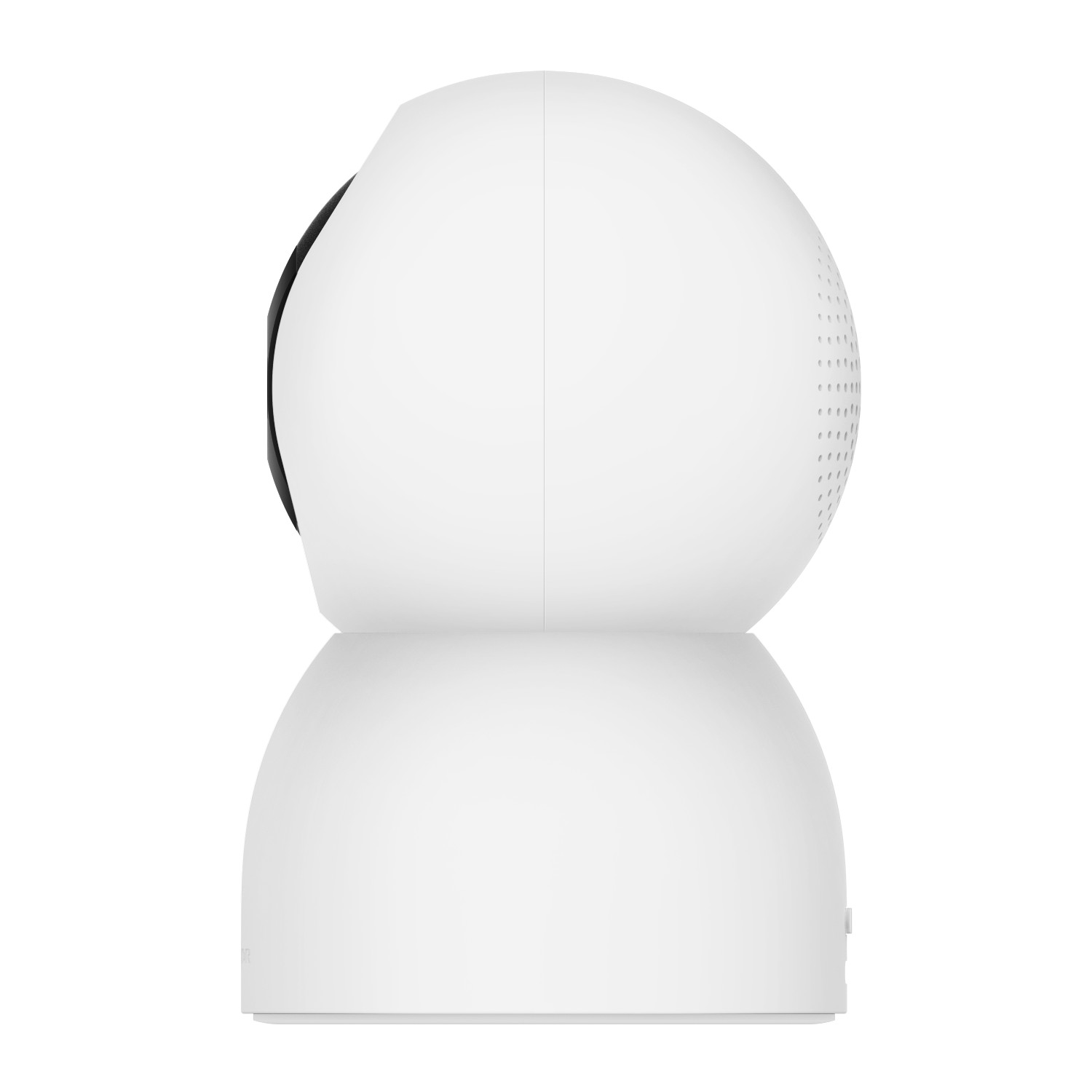 Una cámara de seguridad inteligente para interiores blanca con base redondeada y lente negra.