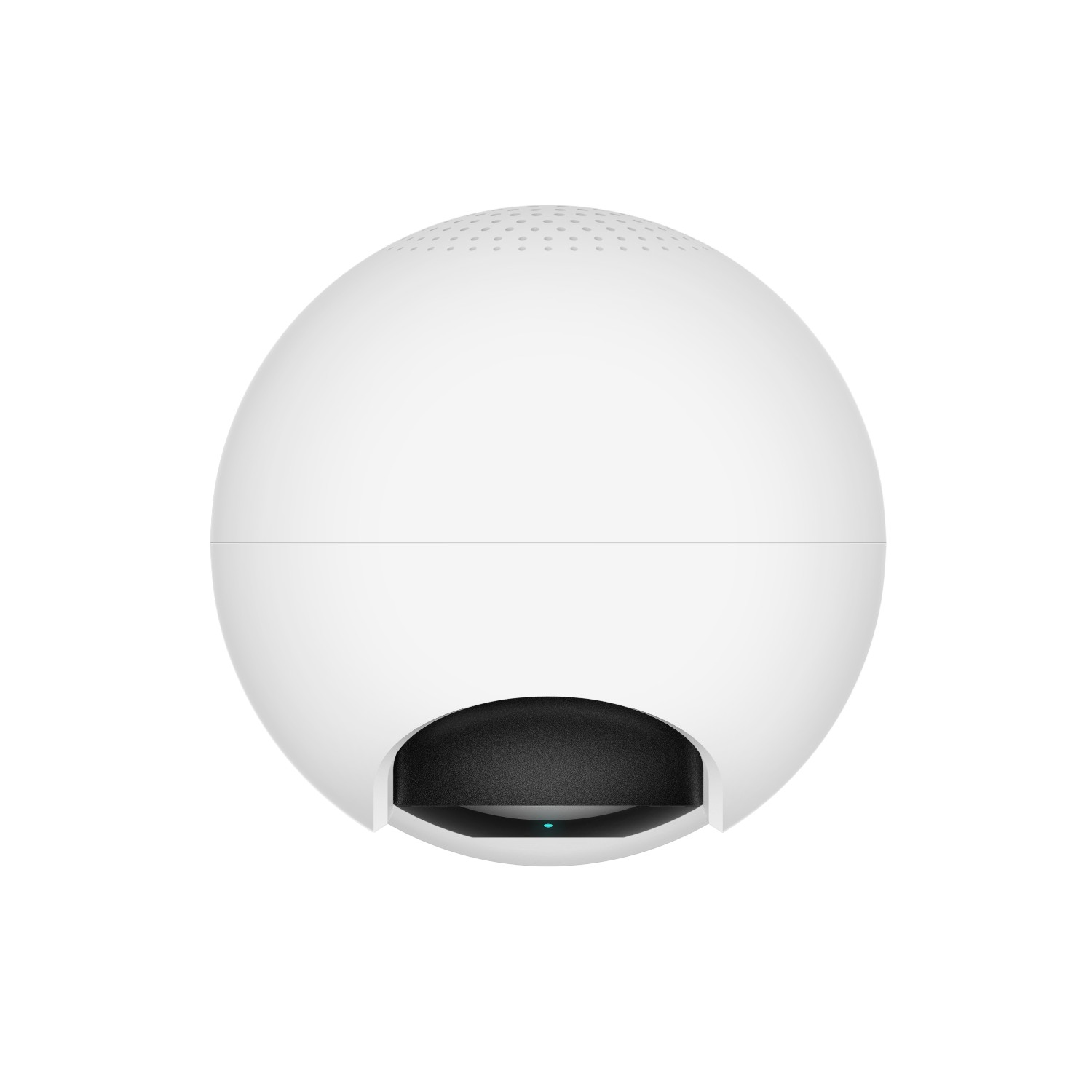 Una cámara inteligente esférica blanca con un área de cámara negra y un LED azul al frente.