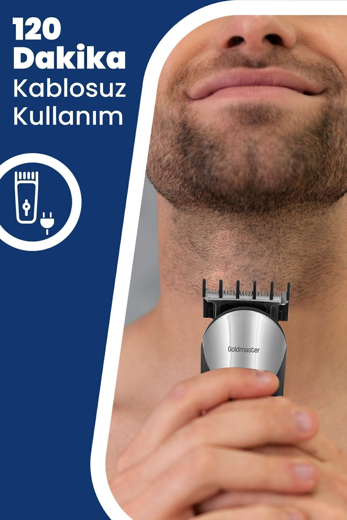 Bir adam Goldmaster tıraş makinesiyle boyun bölgesini tıraş ediyor.