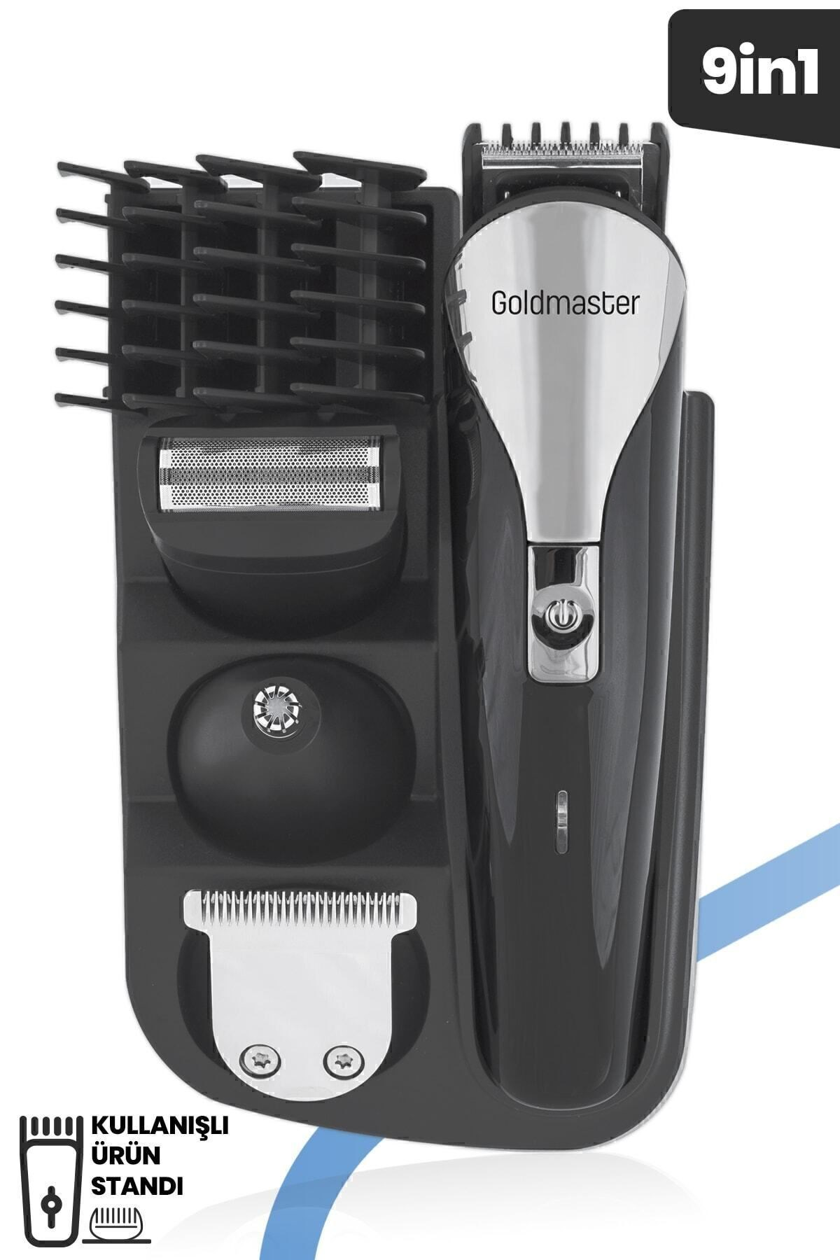 Goldmaster 9in1 saç kesme makinesi ve başlıkları stantta.