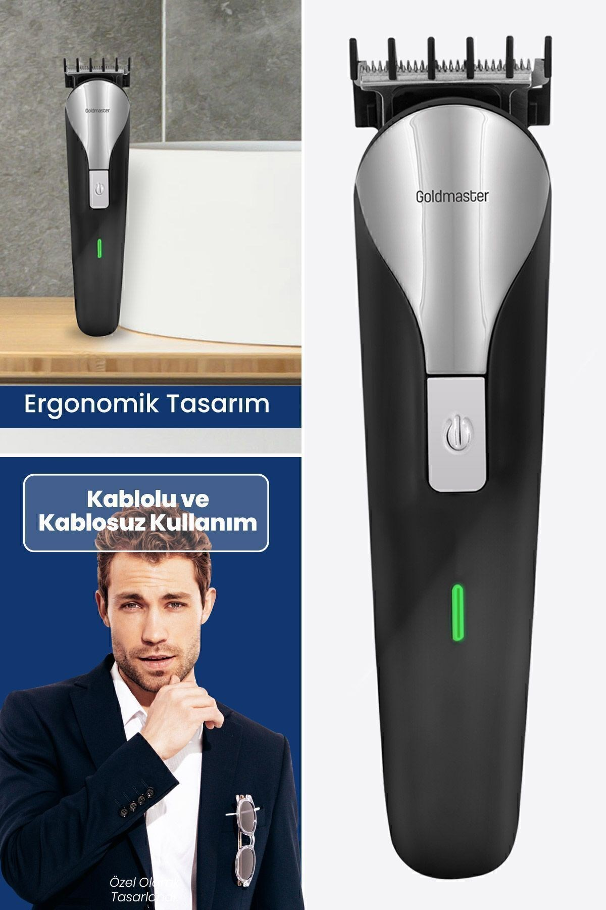 Ergonomik tasarımlı, gümüş ve siyah renkli Goldmaster saç kesme makinesi ve takım elbiseli bir adam.