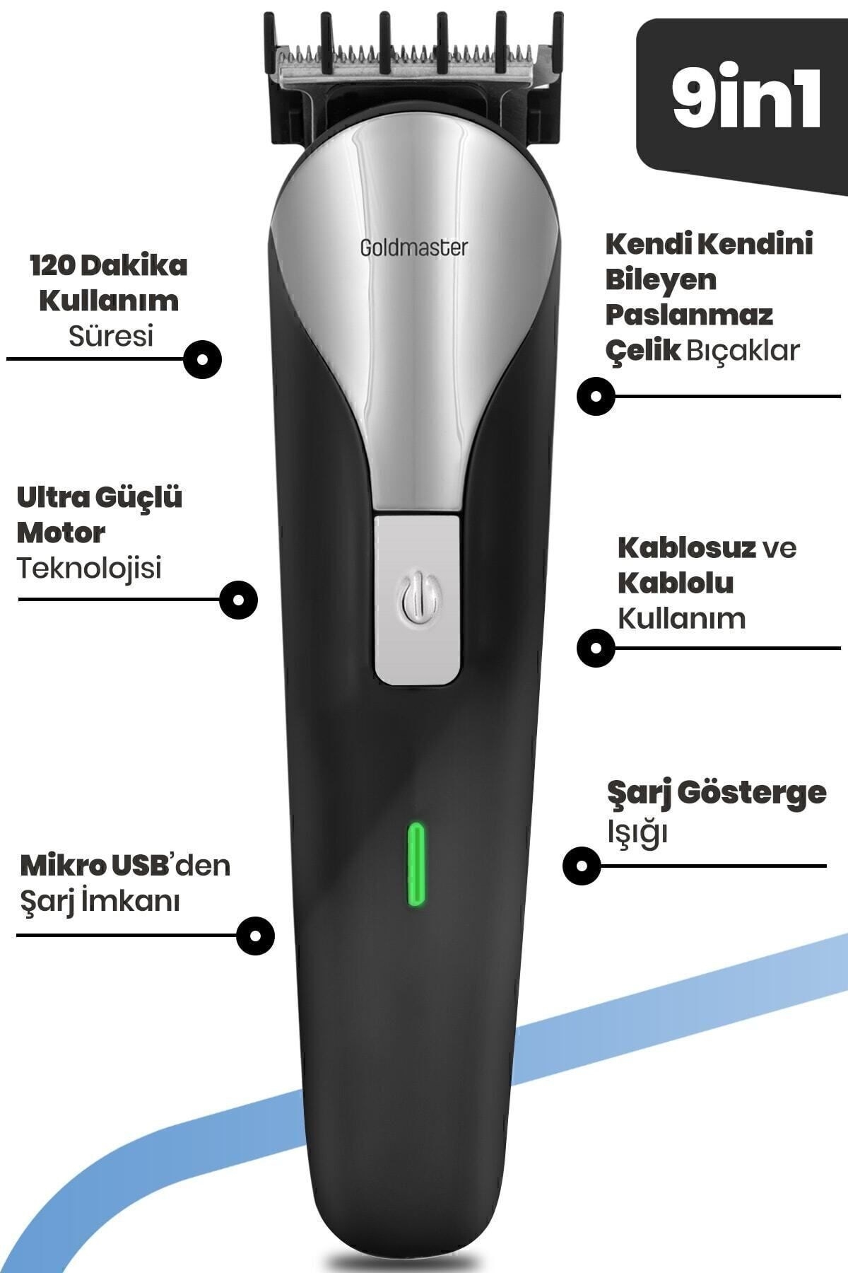 Özellikleri, gümüş üstü, siyah sapı ve yeşil şarj göstergesi olan Goldmaster 9'u 1 arada saç kesme makinesi.