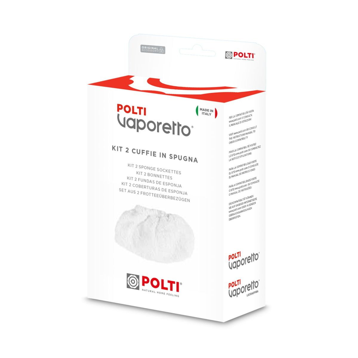 Scatola kit 2 cuffie in spugna Polti Vaporetto bianca e rossa.