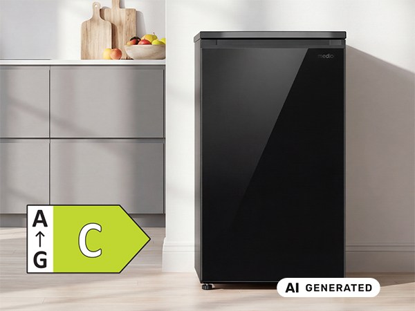 Ein schwarzer Minikühlschrank steht in einer modernen Küche mit einem Energielabel C auf dem Boden.