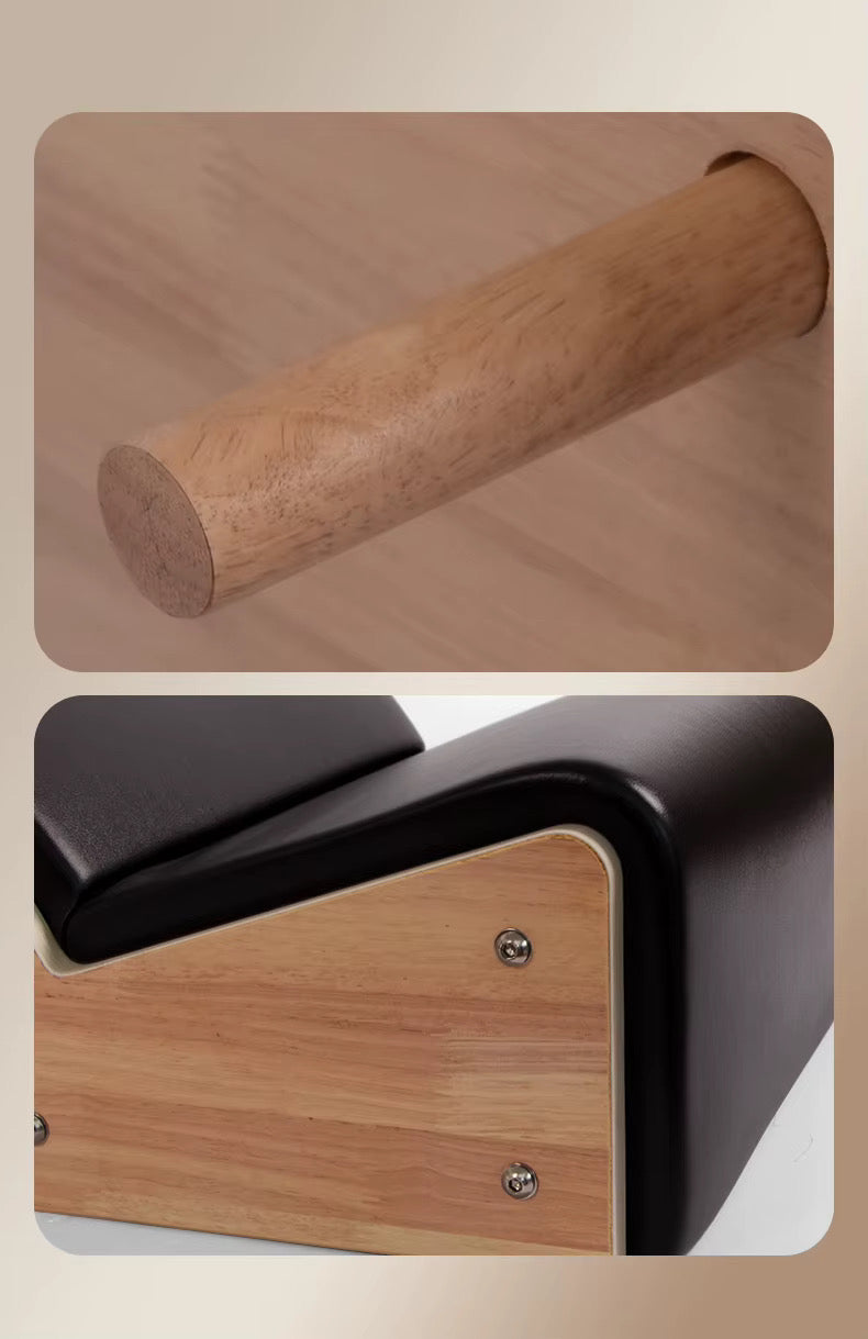 Varilla de madera arriba; abajo, un sillón negro con paneles de madera y tornillos.