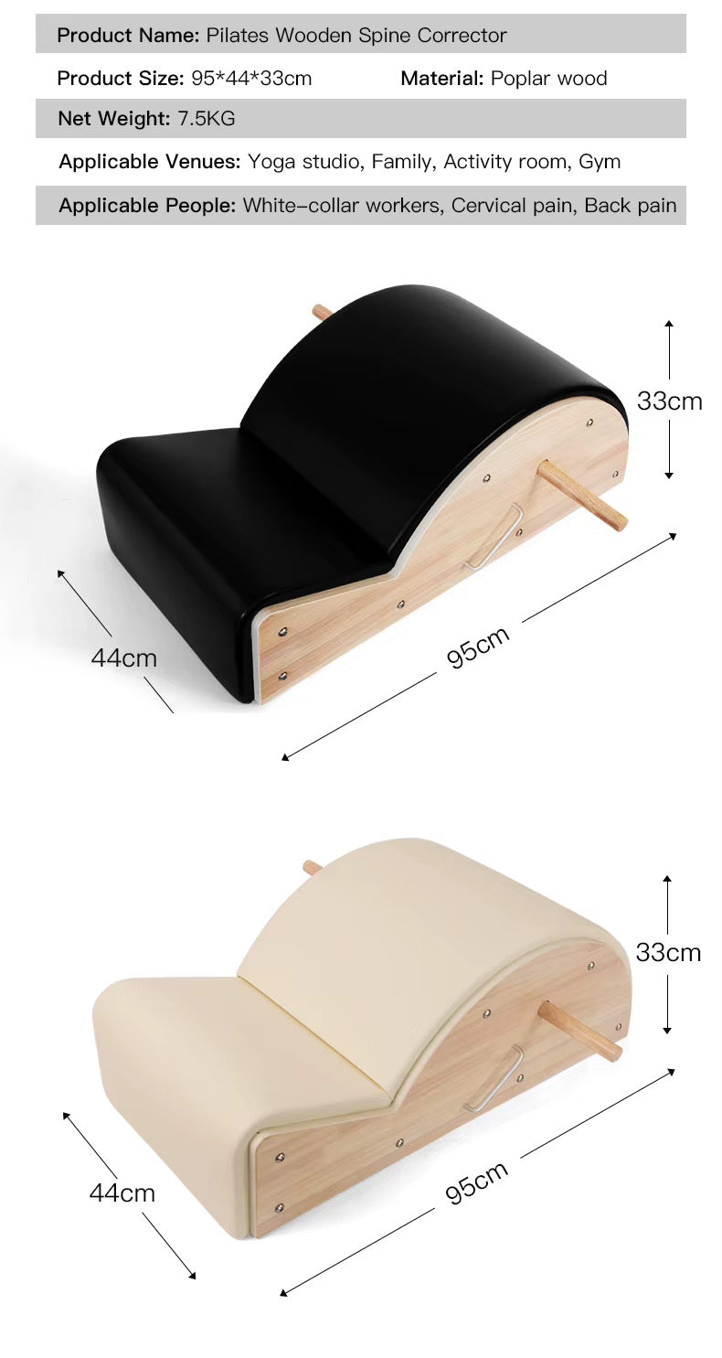 Corrector de columna de Pilates de madera con dimensiones de 95x44x33cm en negro y beige.