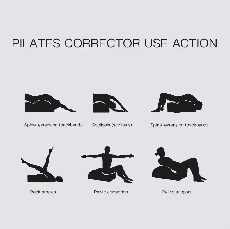 Diagrama que muestra seis ejercicios de corrector de pilates como extensión espinal, escoliosis y estiramiento.