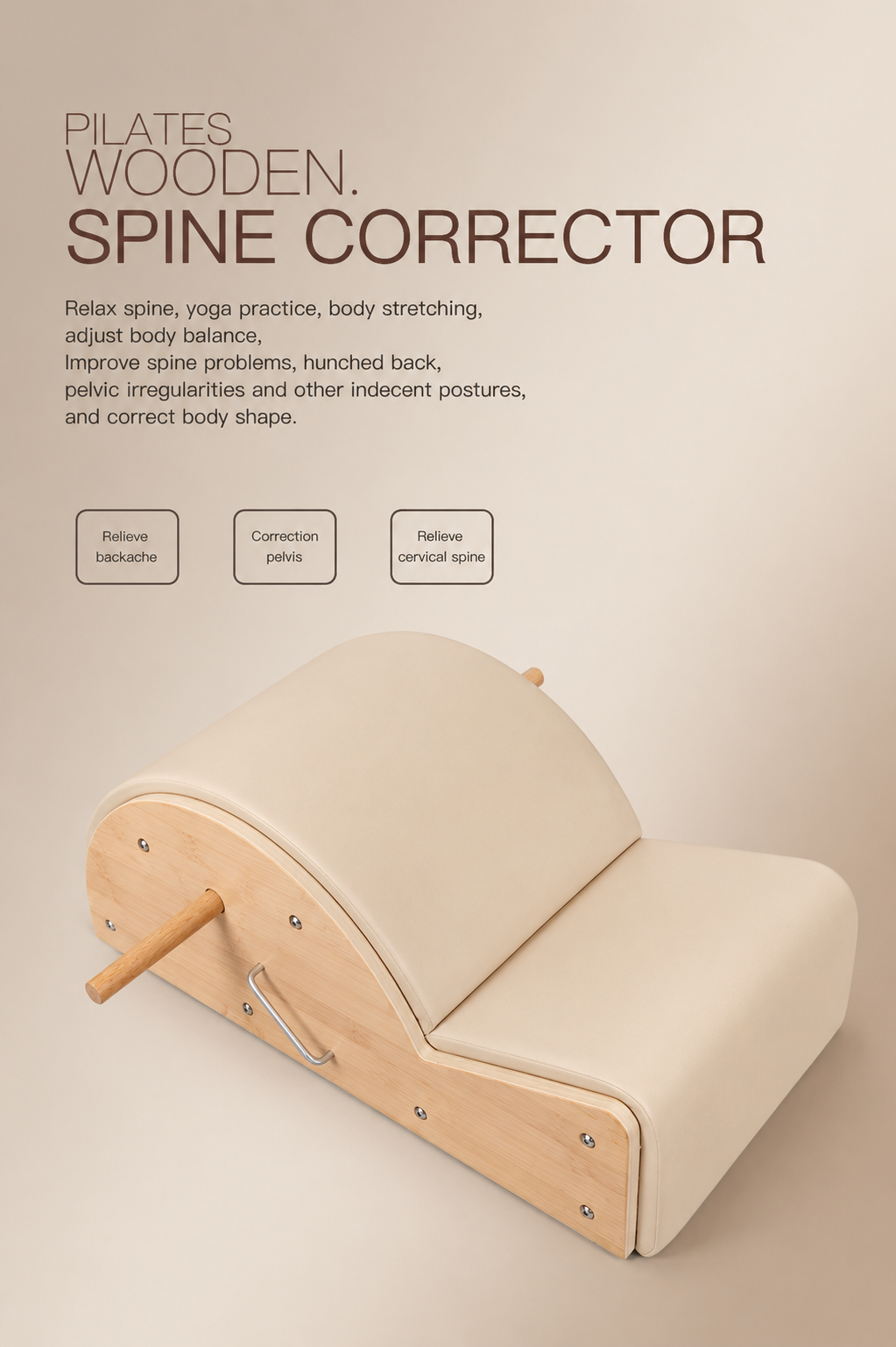 Corrector de columna de pilates de madera sobre fondo beige con texto sobre beneficios.