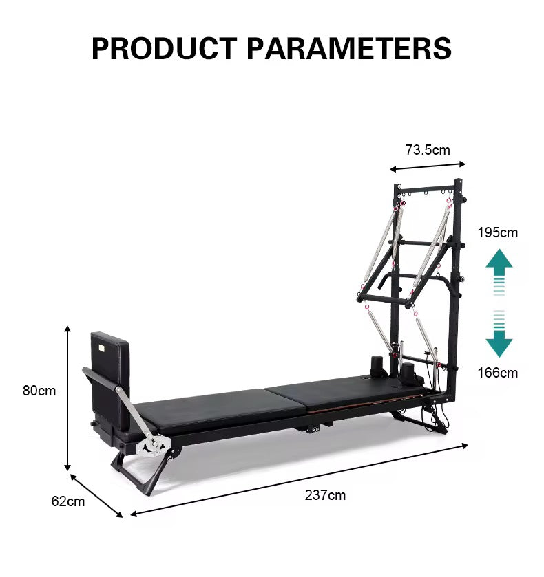Parámetros del producto de un reformer de pilates negro con medidas de altura, ancho y largo.