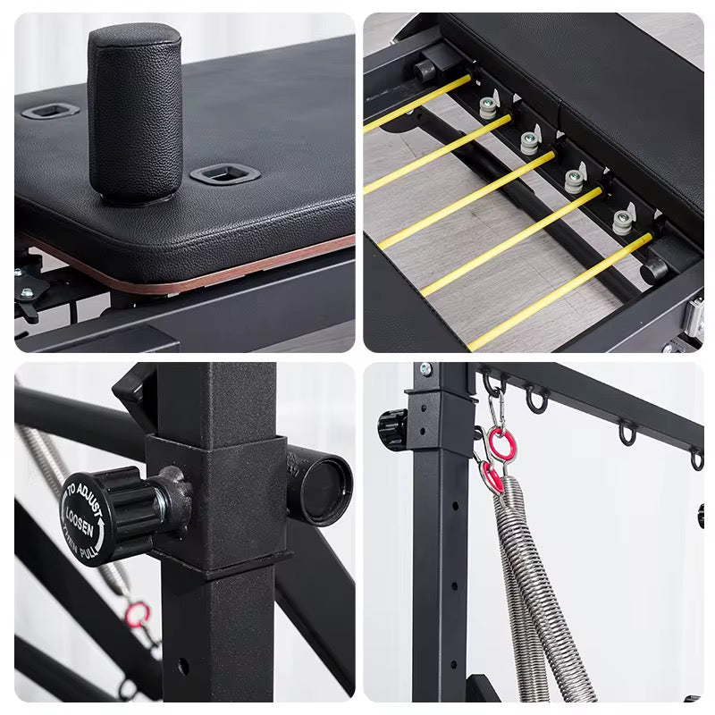 Cuatro vistas detalladas de una máquina de pilates reformer, mostrando un reposacabezas, cordones y resortes.