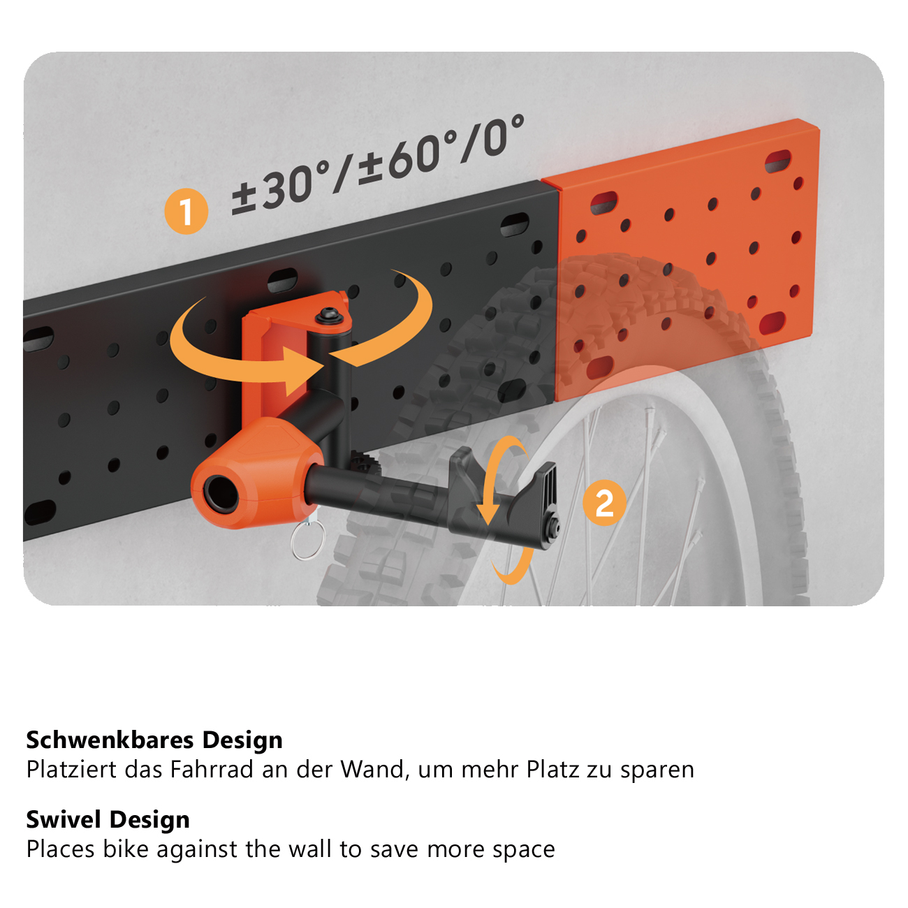 Eine schwarz-orange Wandhalterung mit schwenkbaren Winkeln und Bewegungspfeilen für ein Fahrrad.