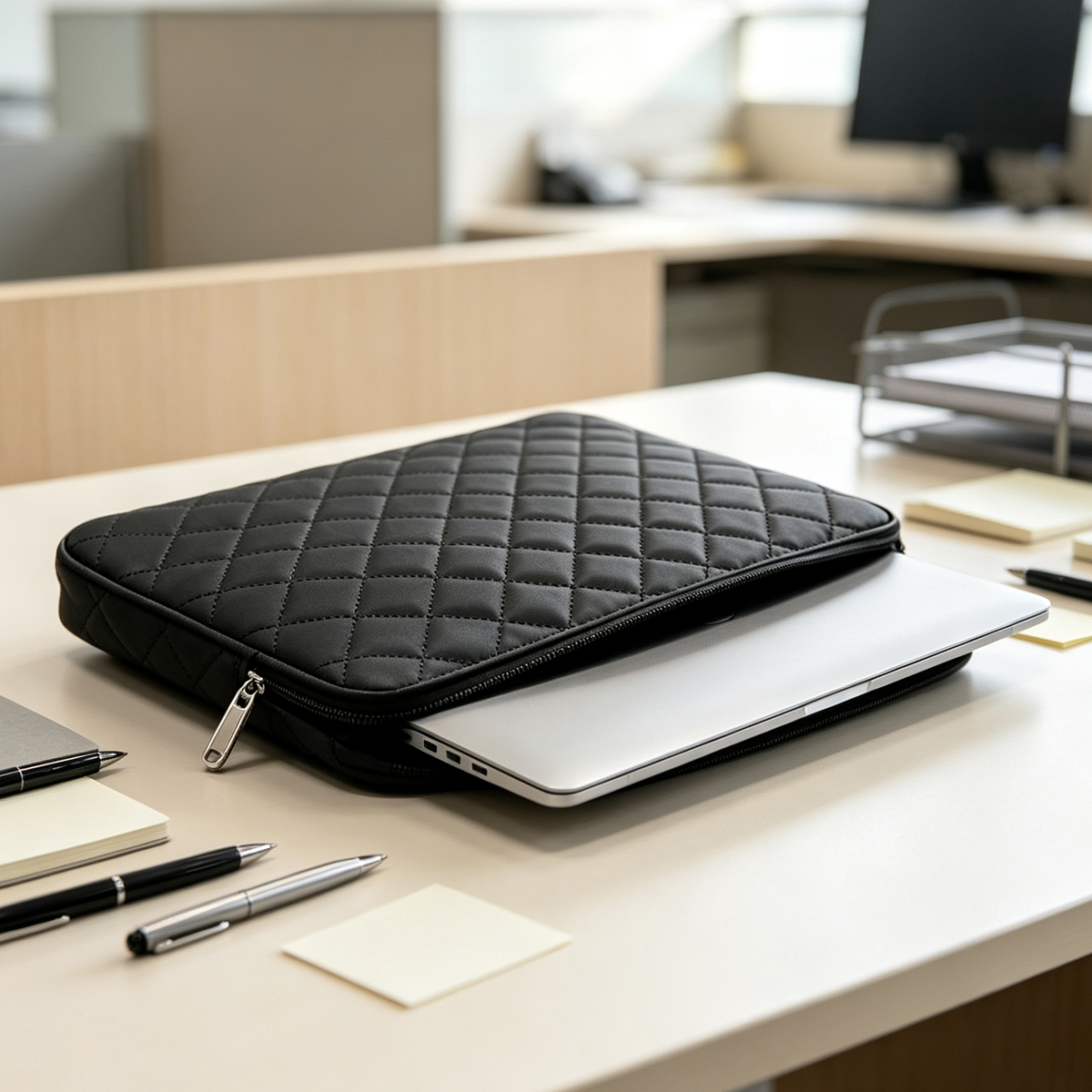 Srebrny laptop wysuwa się z czarnego, pikowanego skórzanego etui na jasnym biurku.