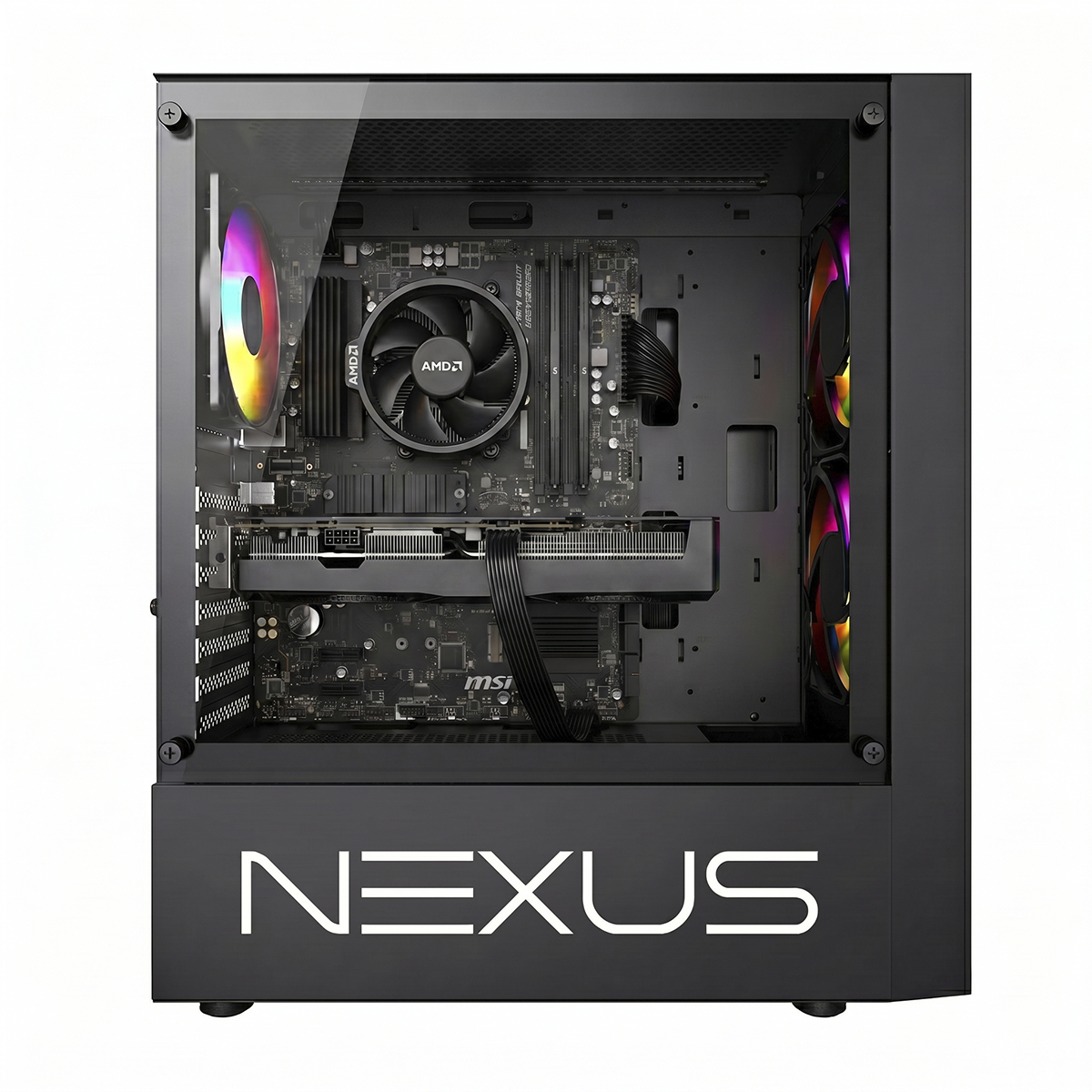 Una torre de PC NEXUS negra con panel lateral de vidrio muestra componentes internos y ventiladores RGB.
