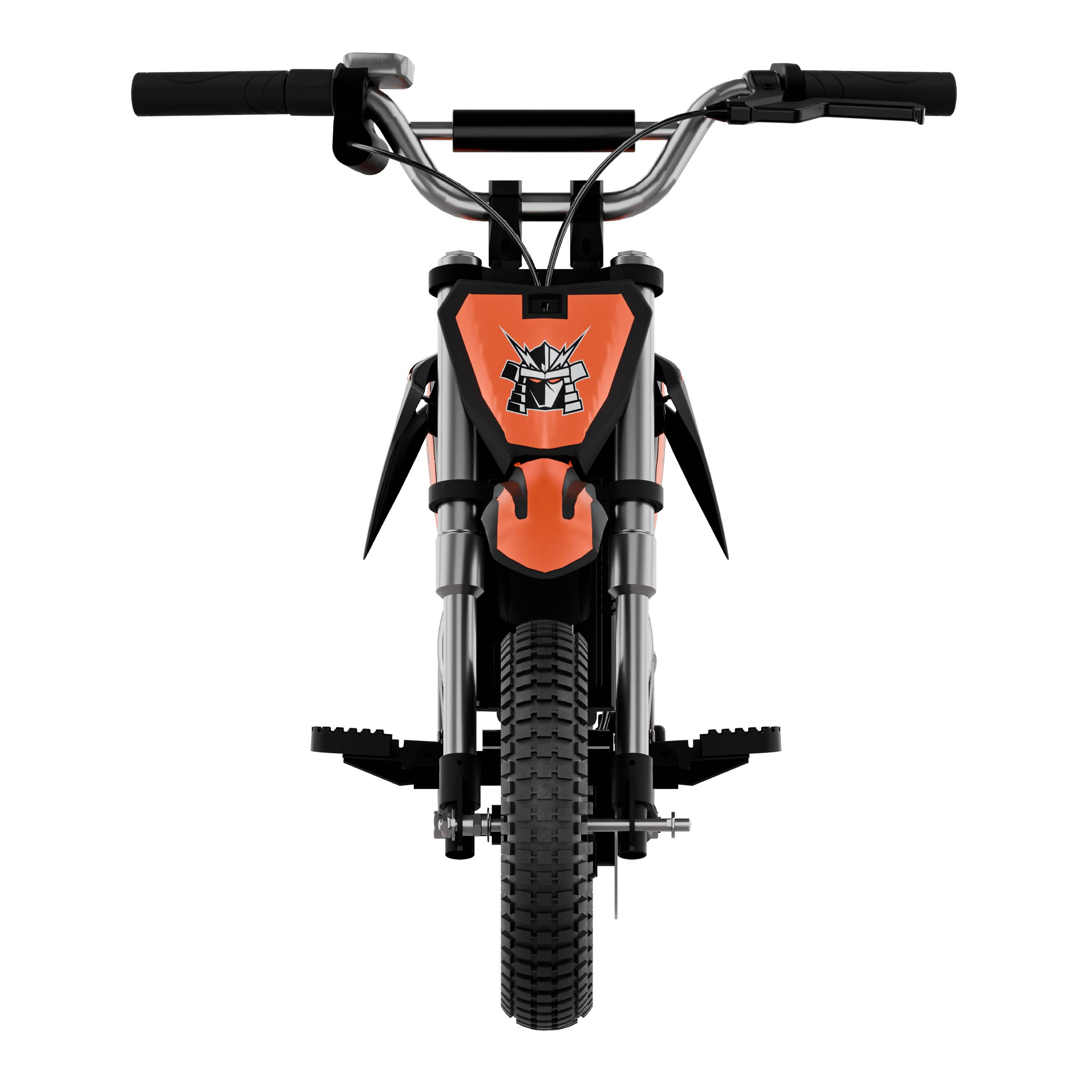Vista frontal de una mini moto de cross naranja y negra con manillar, neumático delantero y emblema de samurái.