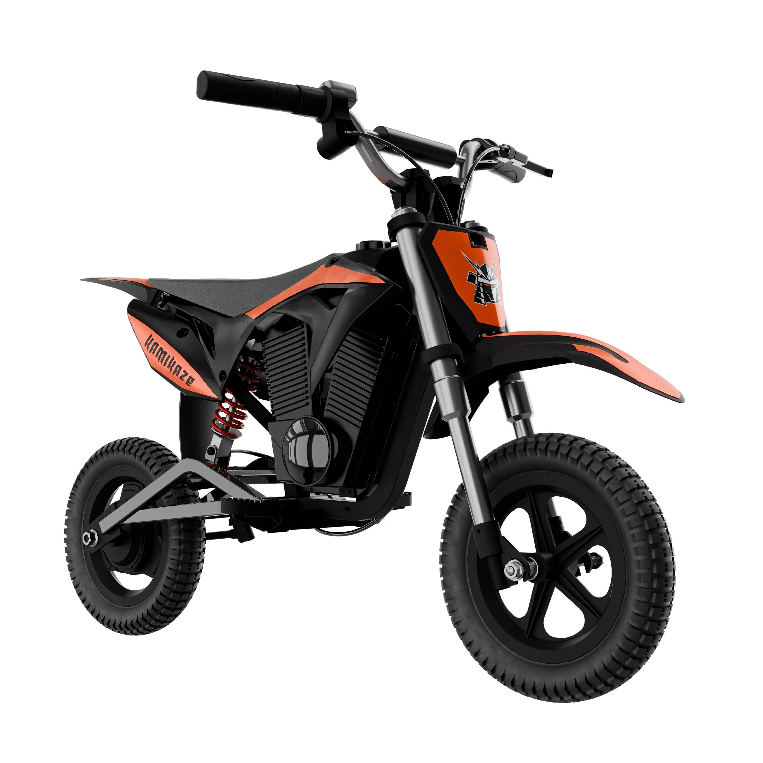Una minimoto eléctrica negra y naranja para niños sobre fondo blanco, con neumáticos de tacos y suspensión roja.