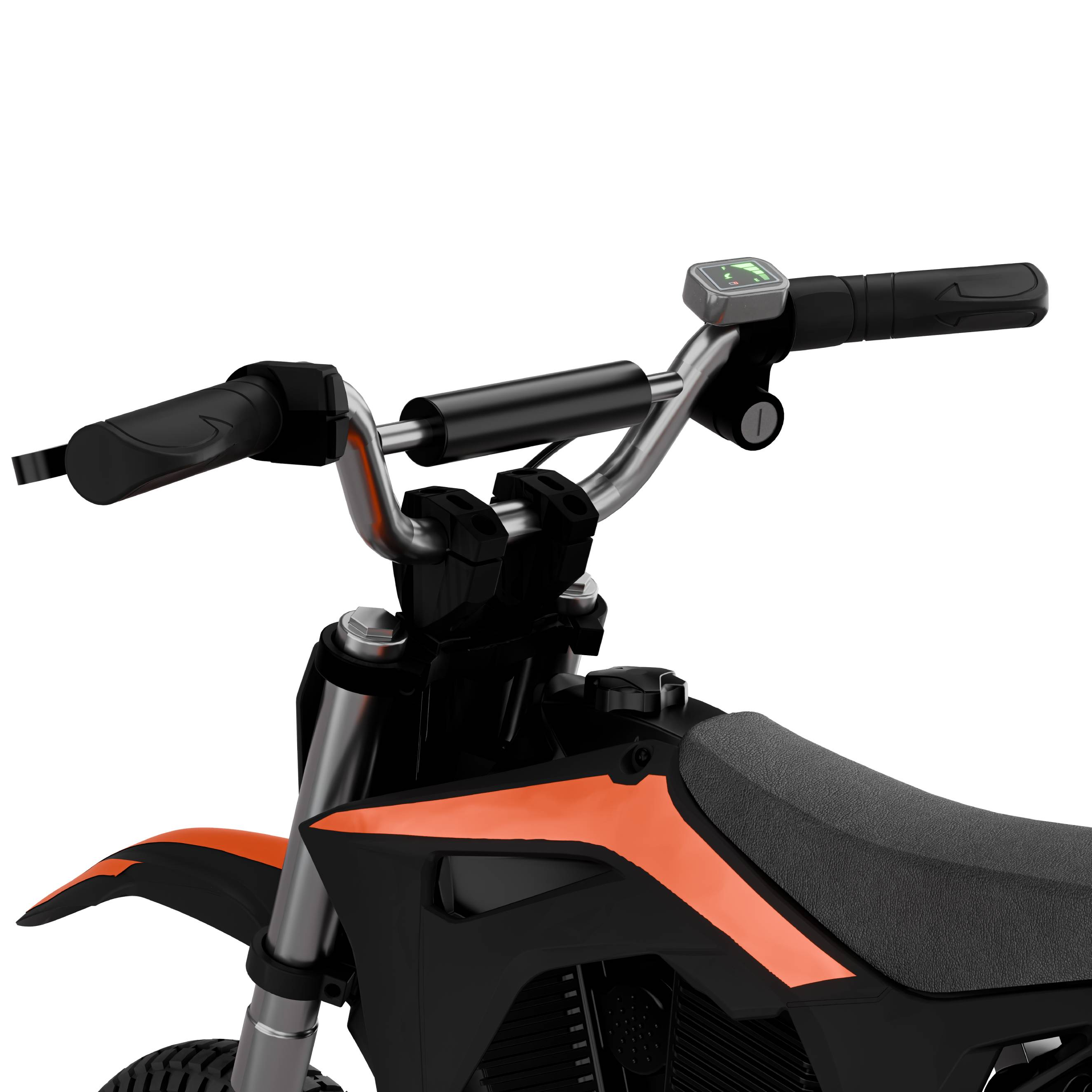 Primer plano del manillar de una moderna moto de cross eléctrica negra y naranja sobre fondo blanco.