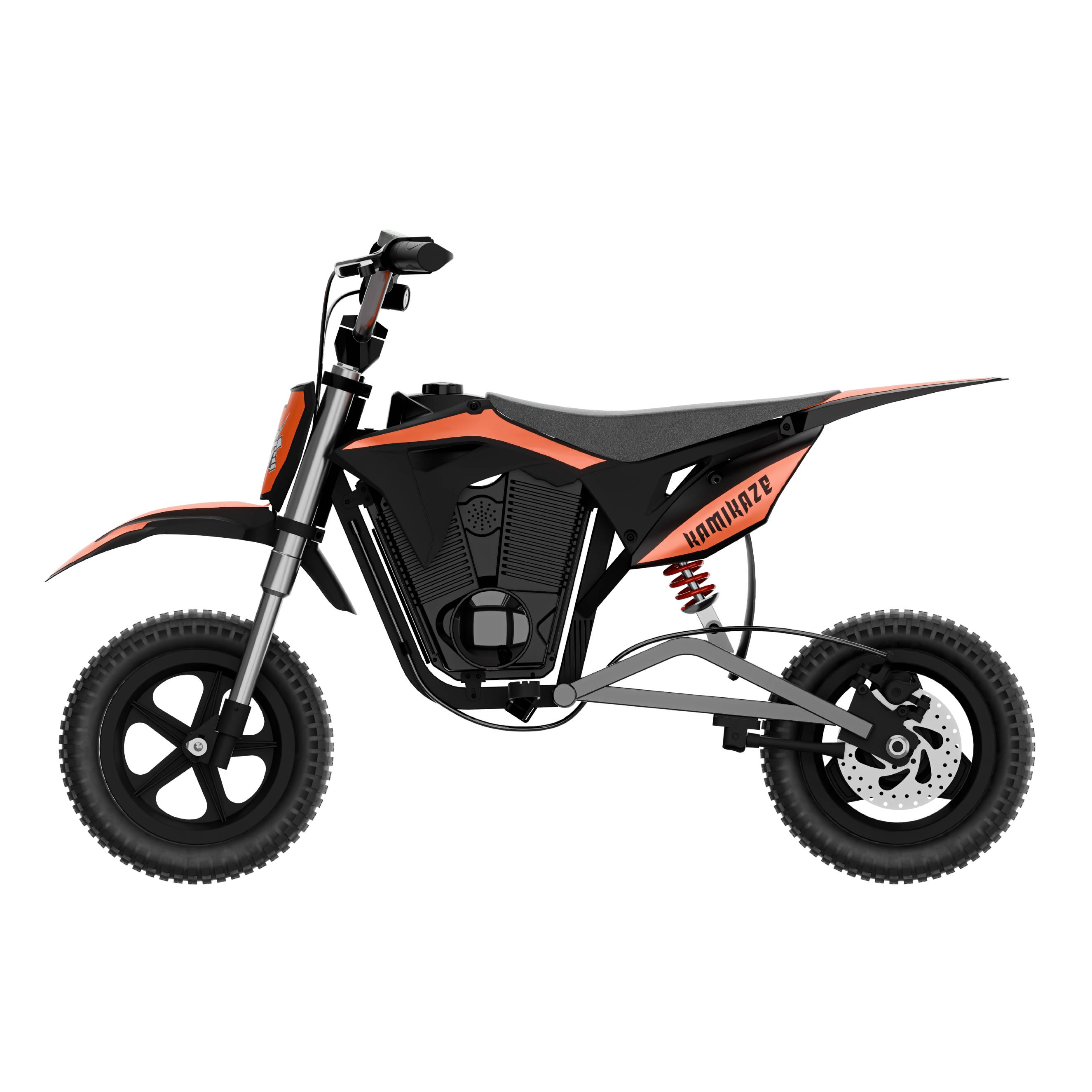 Una moto de cross infantil negra y naranja sobre fondo blanco.