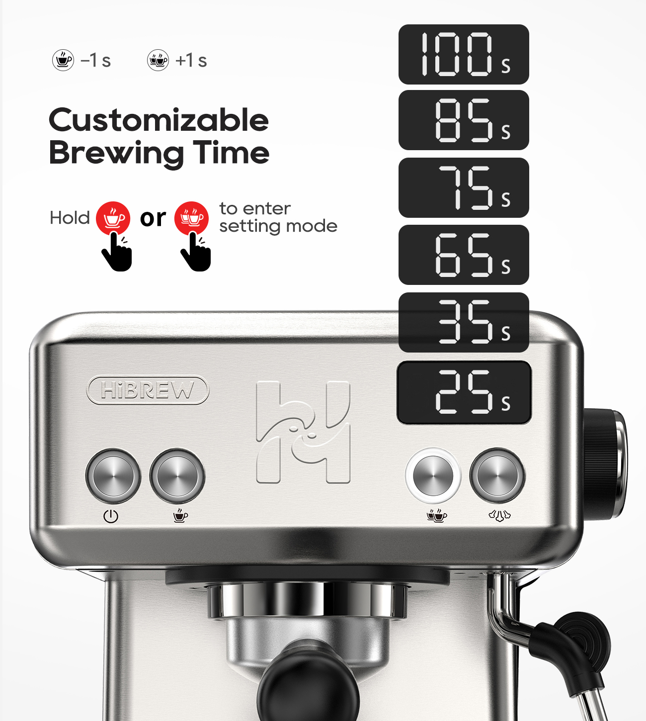 Cafetera exprés HiBrew con tiempos de preparación personalizables de 25s a 100s y controles táctiles.