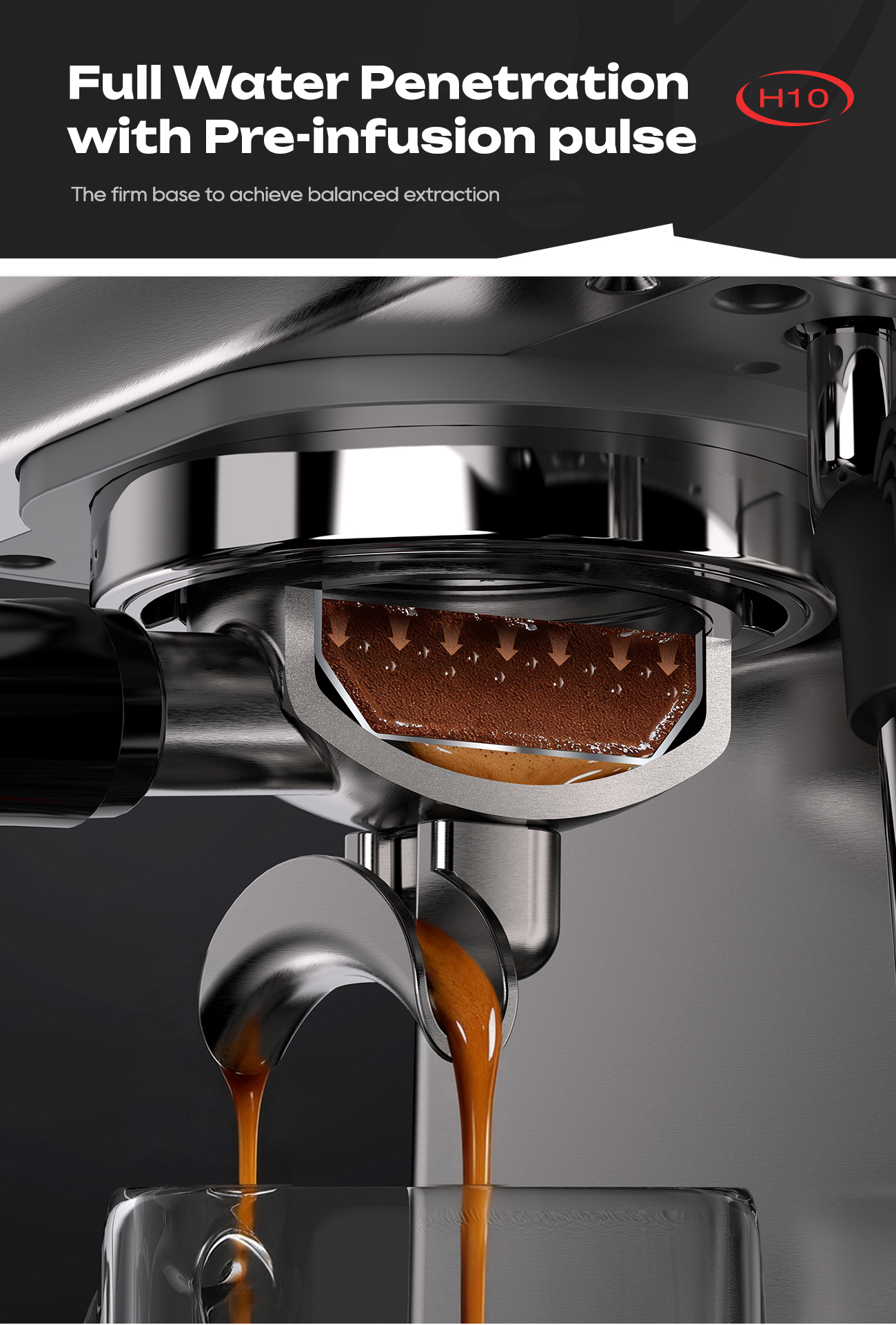 Sección transversal de una máquina de café expreso que muestra el agua fluyendo y la extracción.