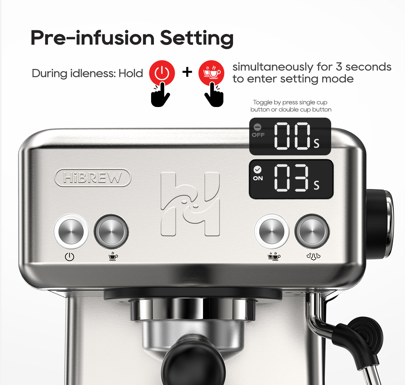 Instrucciones para configurar la preinfusión en una cafetera manteniendo presionados los botones de encendido y taza.