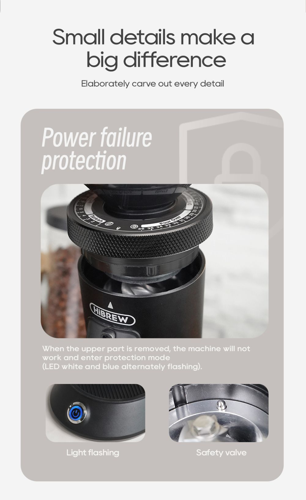 Molinillo de cafe con proteccion, luz LED y valvula de seguridad.