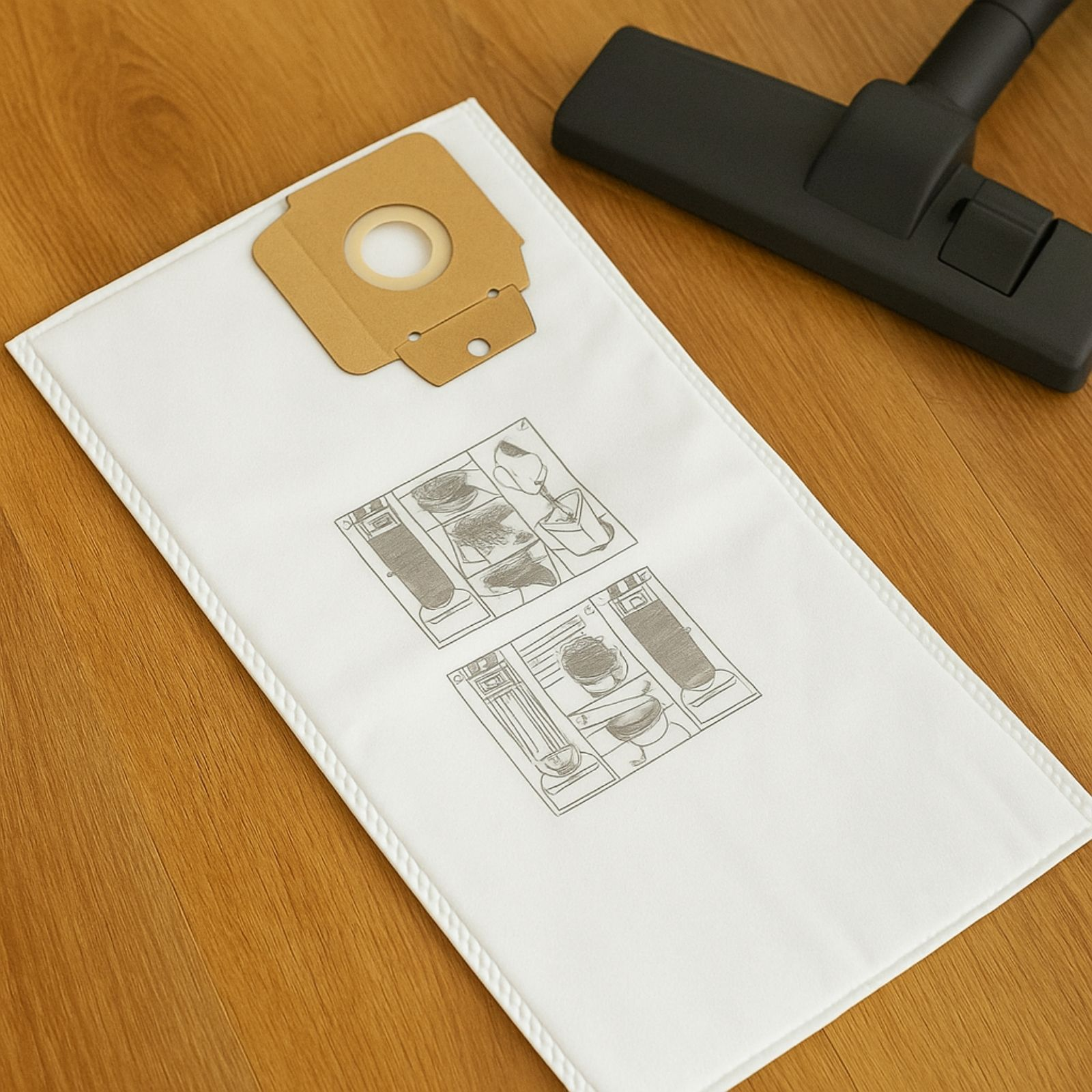 Ein weißer Staubsaugerbeutel mit Illustrationen und eine schwarze Staubsaugerdüse auf Holzboden.