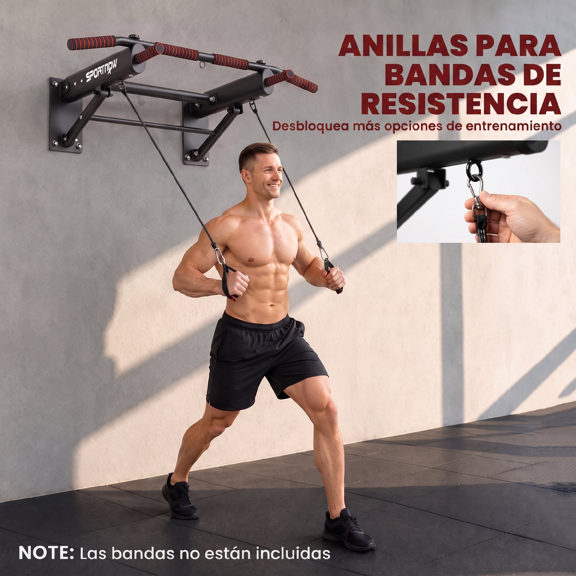 Un hombre haciendo ejercicio con bandas de resistencia en una barra de dominadas.