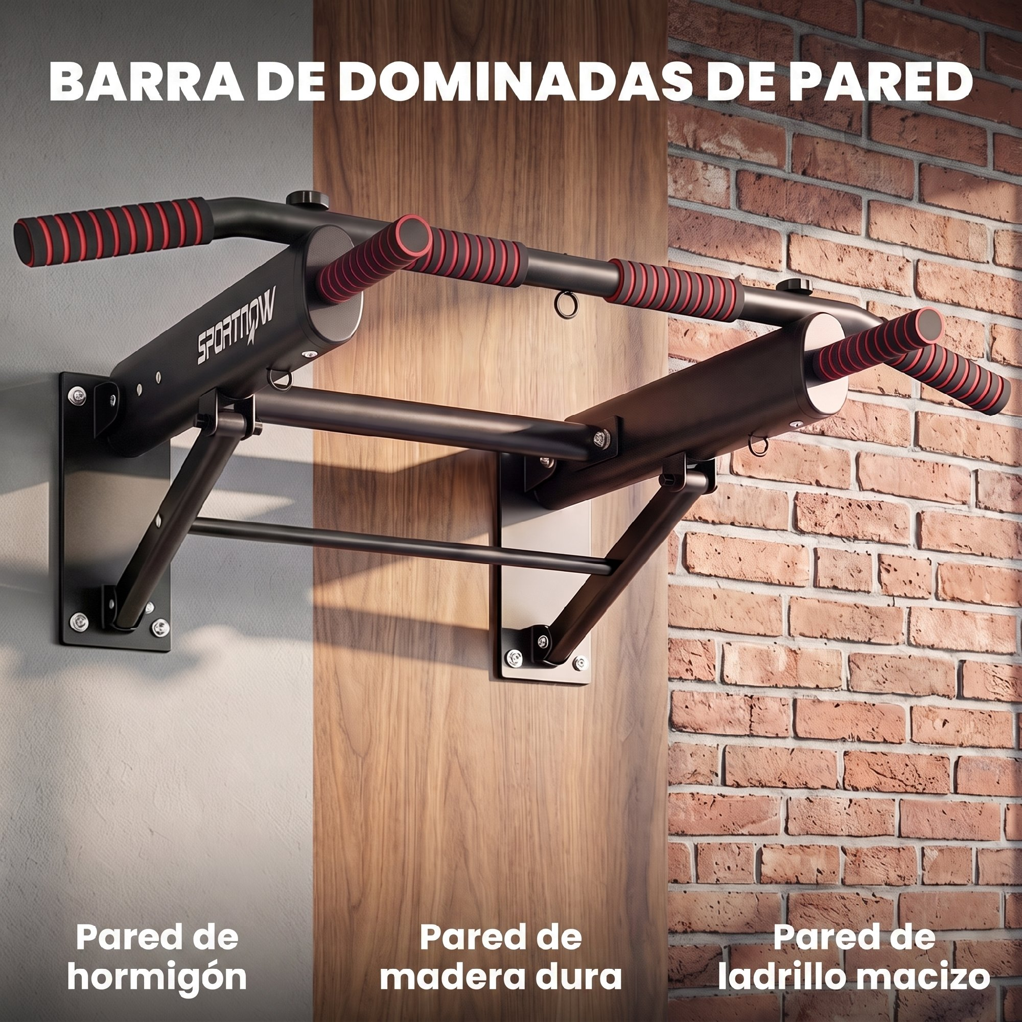 Una barra de dominadas de pared negra con mangos rojos, mostrada contra paredes de hormigón, madera y ladrillo.