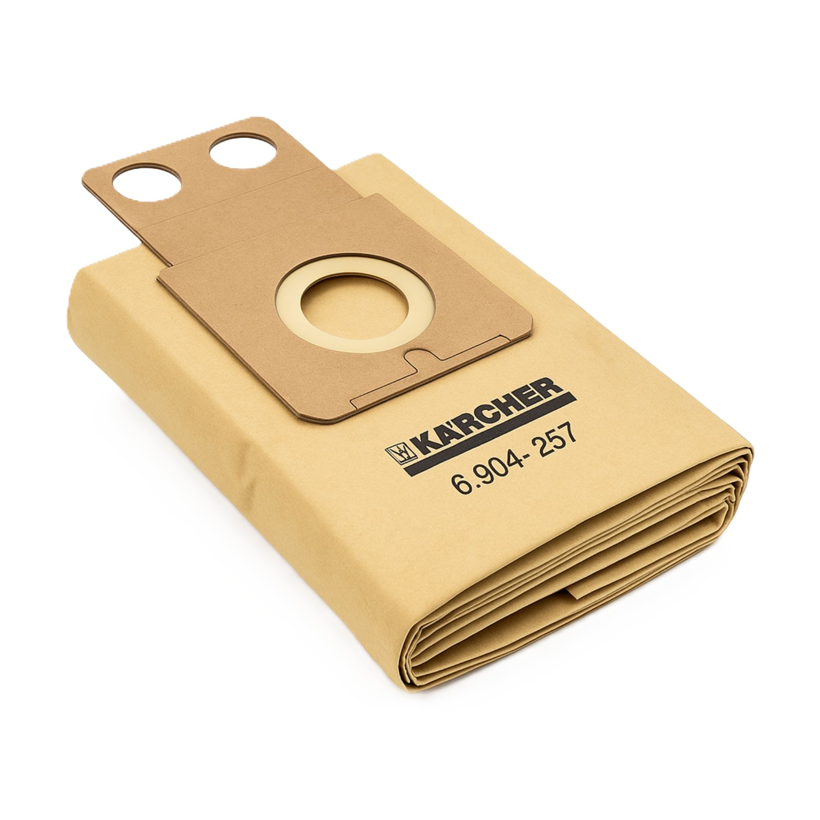Gefalteter brauner Kärcher Staubsaugerbeutel mit Kartonkragen auf weißem Grund.