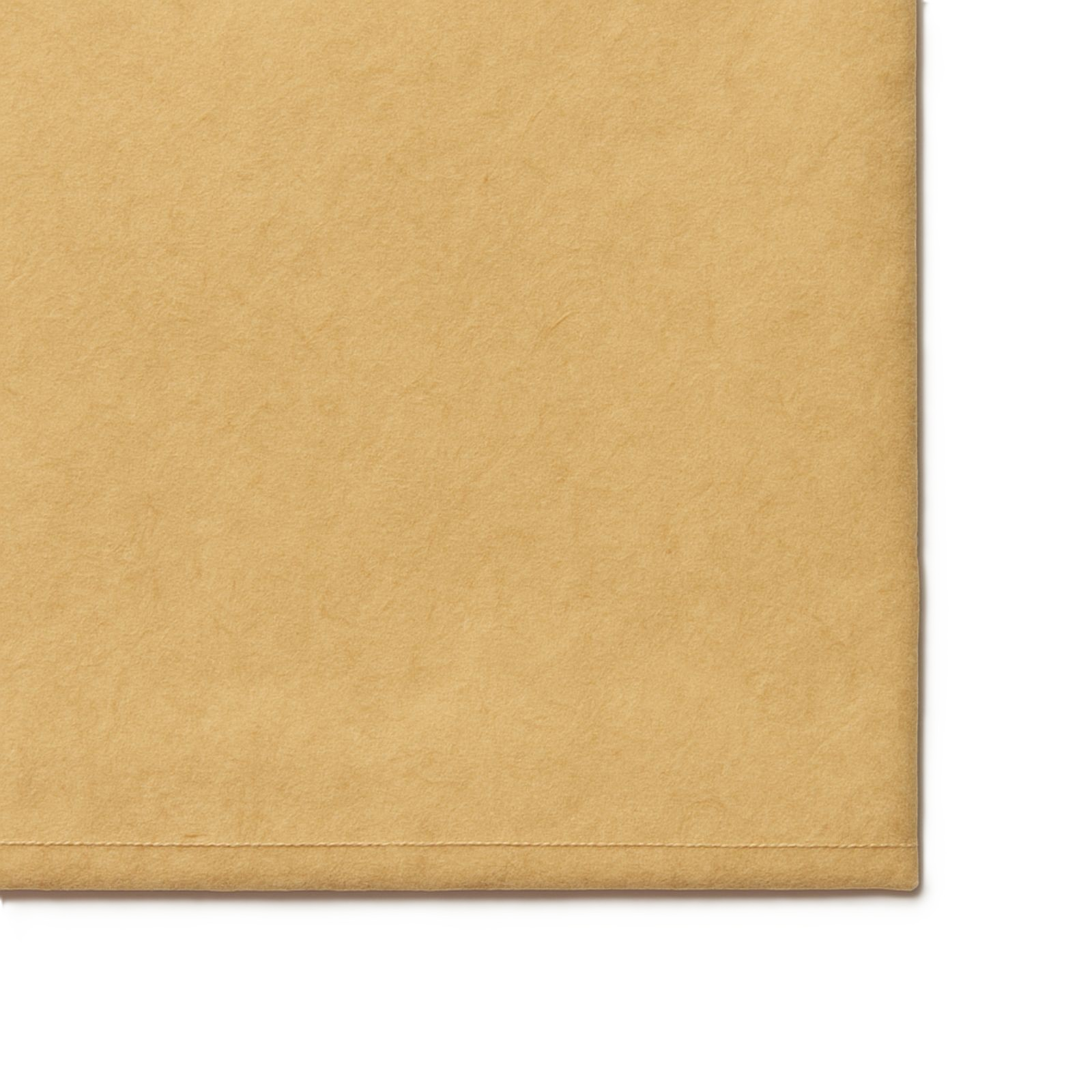 Nahaufnahme einer braunen, strukturierten Papiertüte mit genähter Unterkante auf weißem Hintergrund.