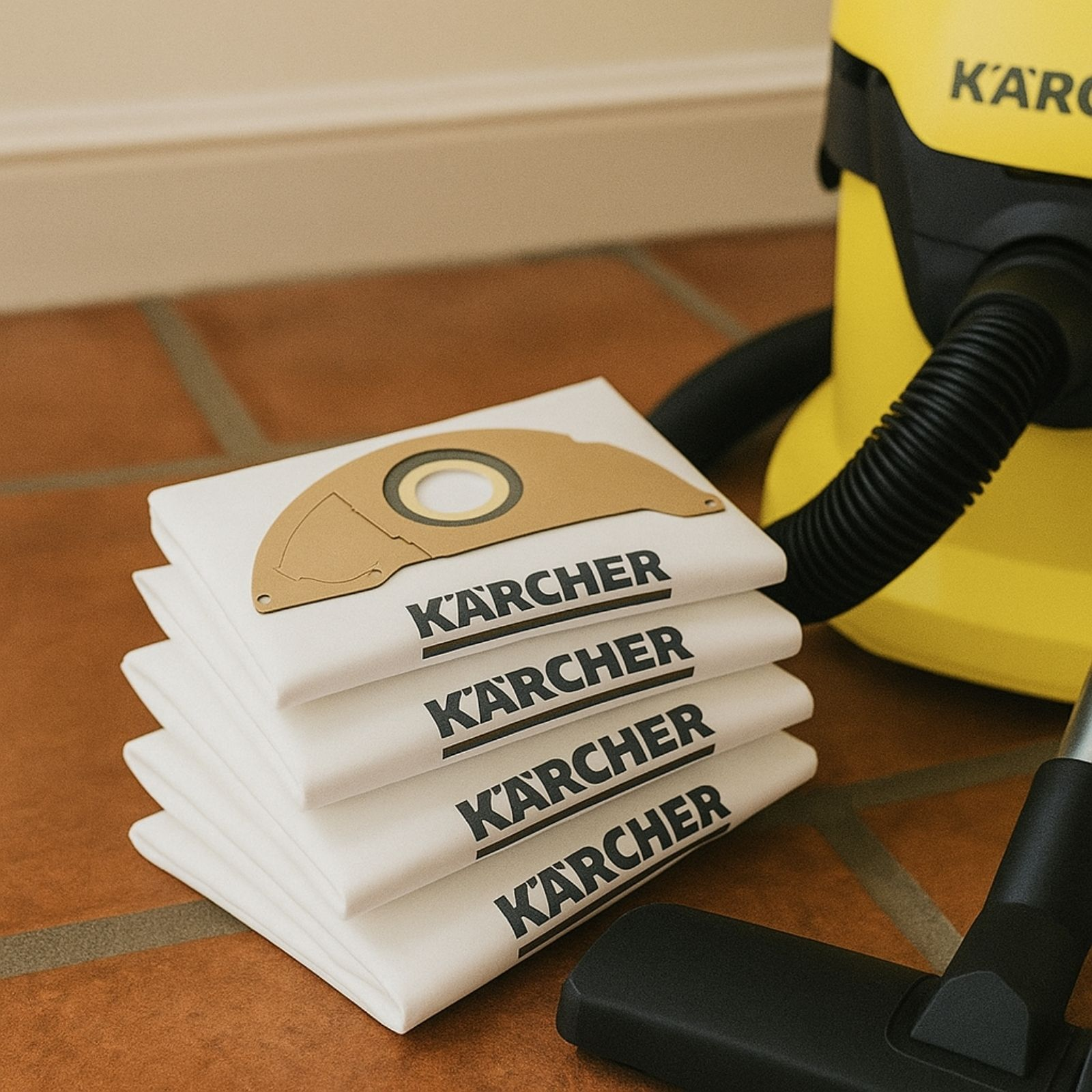 Ein Stapel weißer Kärcher-Staubsaugerbeutel liegt auf braunen Fliesen neben einem gelben Staubsauger.